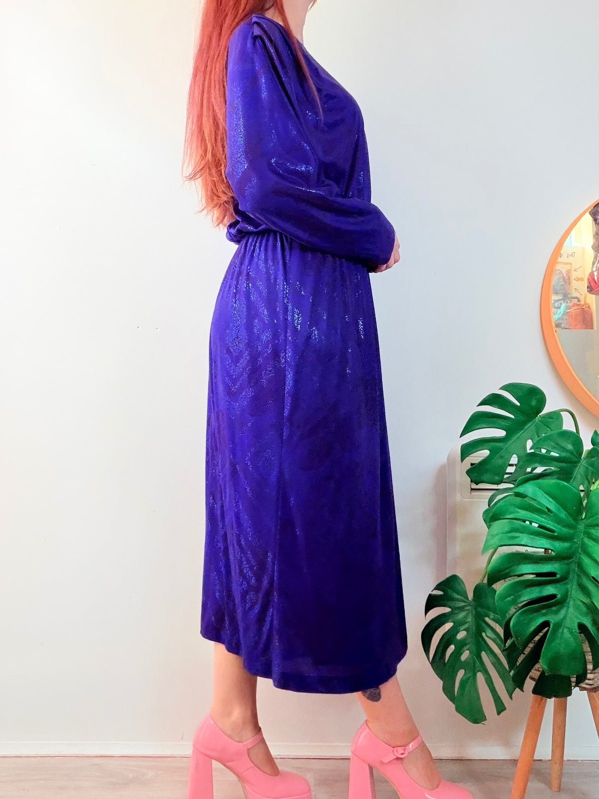 Vintage 1980s Party Dress Sparkly Purple Midi Dress with Batwing Sleeves Size 16