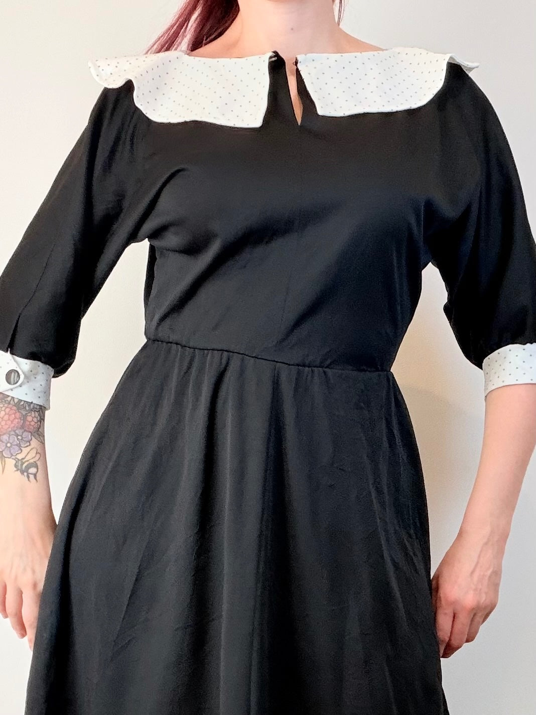 Vintage 1980s Black Dress Midi 3/4 Sleeves Polka Dot Collar and Cuffs Size 12