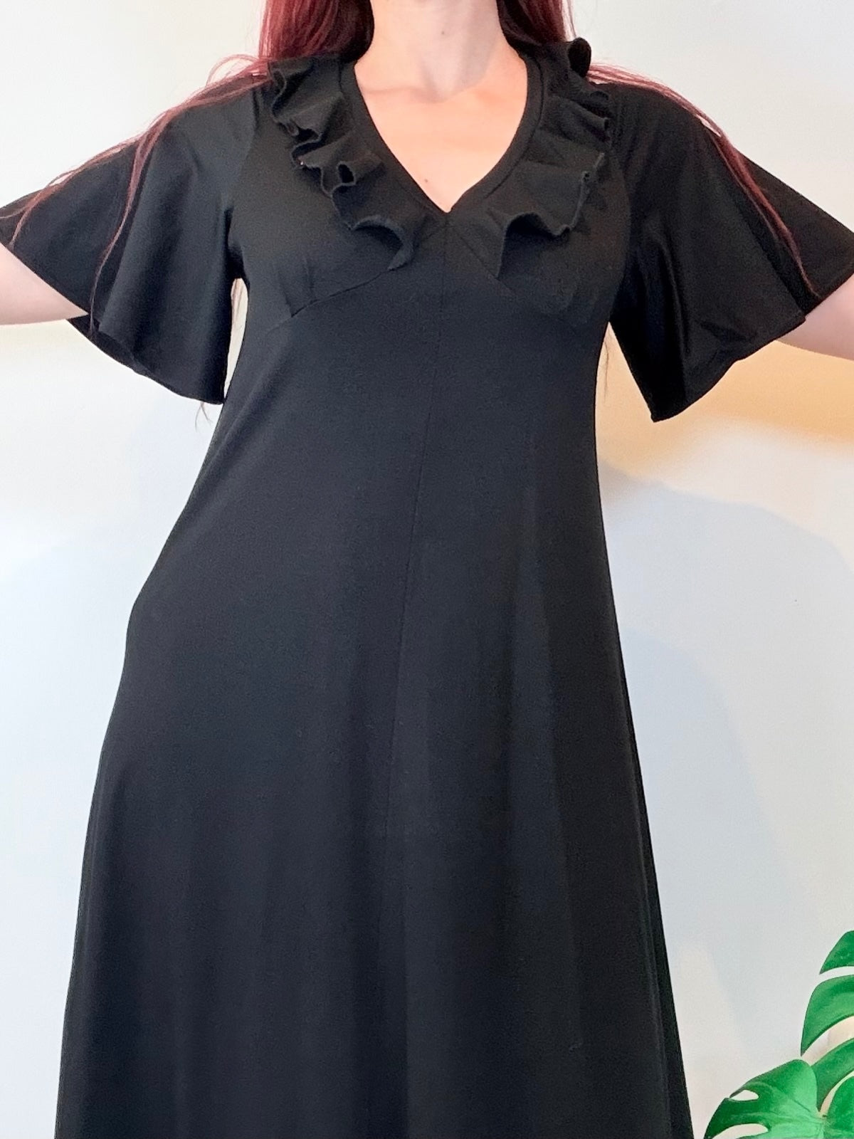 Vintage 1970s Black Maxi Dress with Ruffled V Neck and Flutter Sleeves Size 14