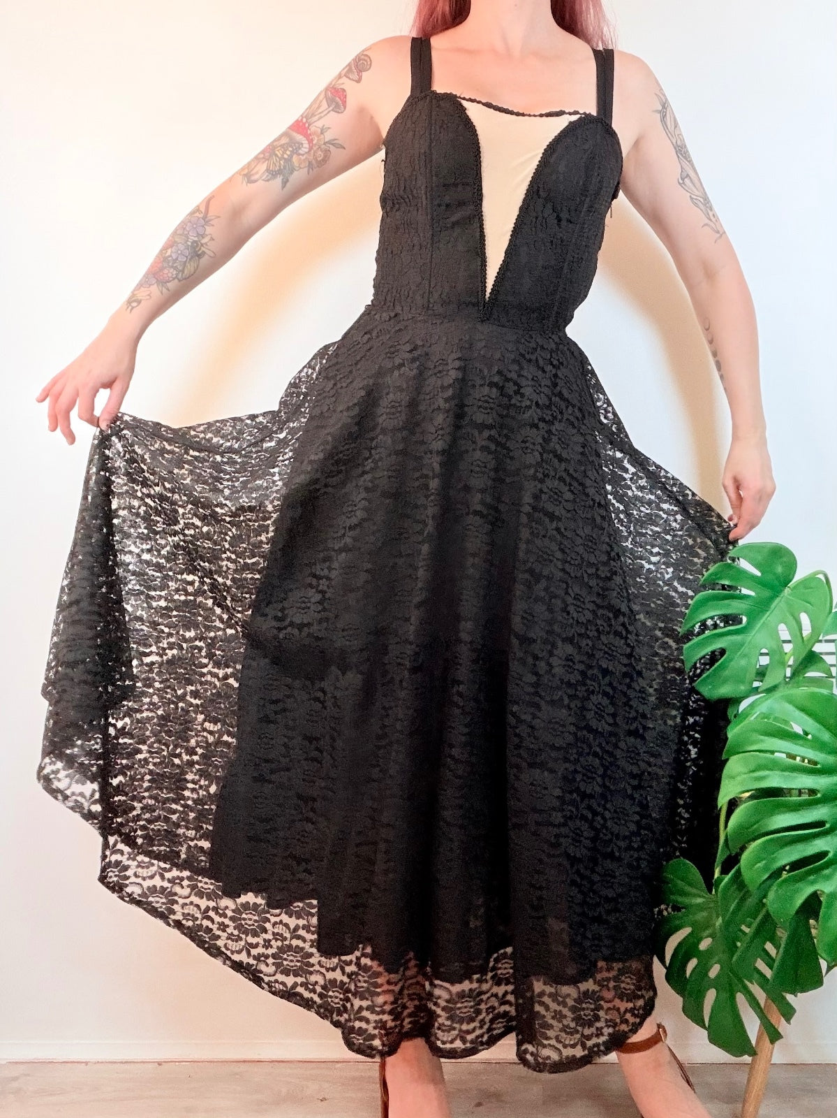 Vintage 1980s Party Dress Black Lace Midi Dress with Nude Illusion Panel Size 10
