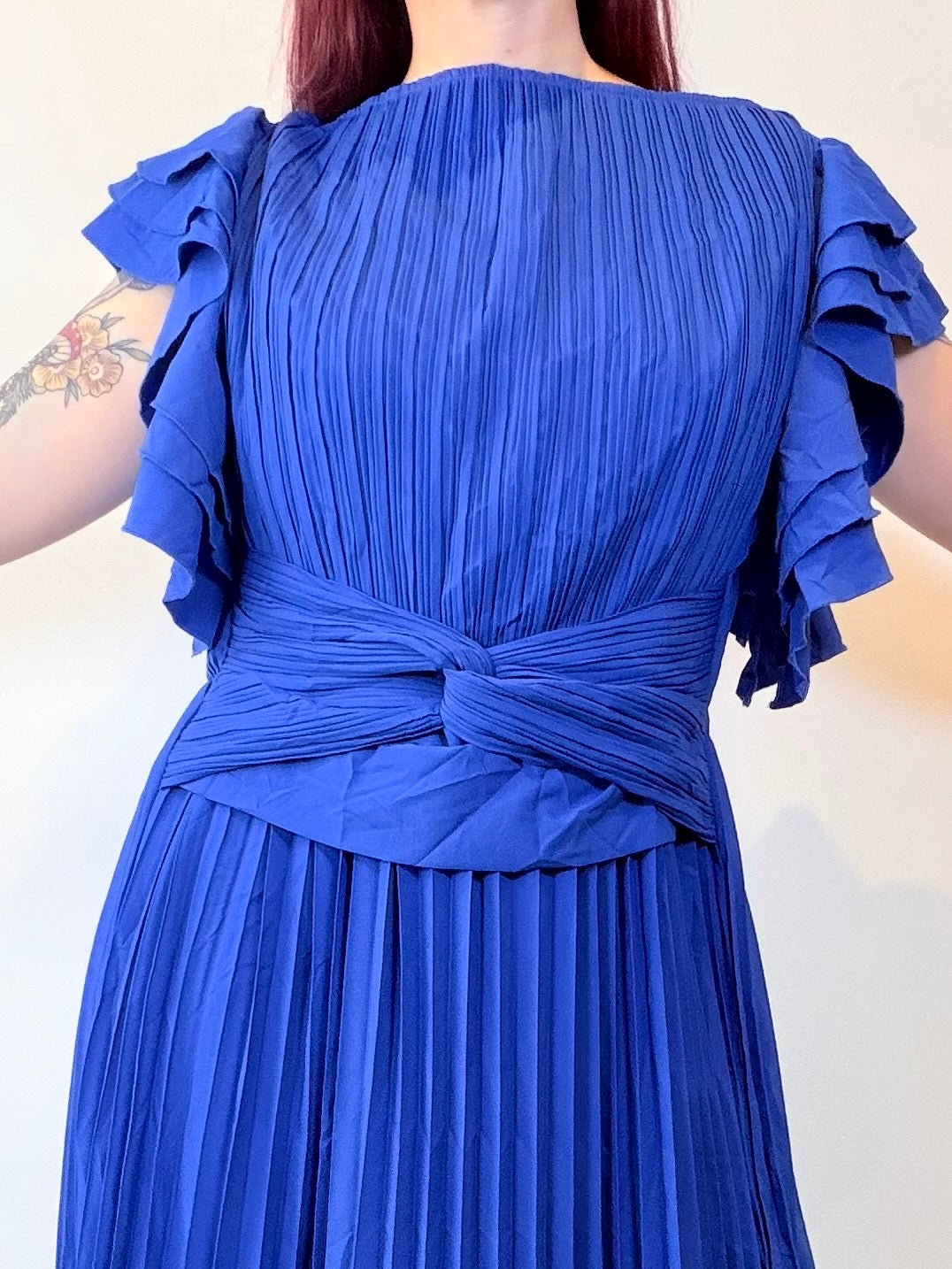 Vintage 1980s Maxi Dress with Pleated Flared Sleeves and Waist Detail Size 14