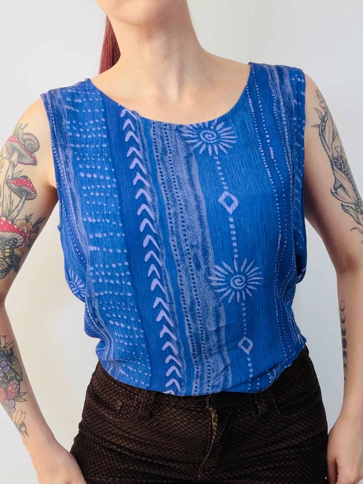 Vintage 1990s Vest Top Blue Sleeveless Patterned Summer Blouse by Dash Size 12