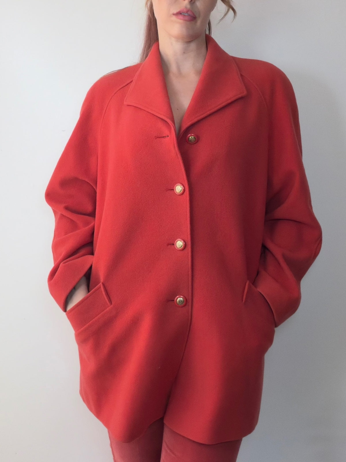 Vintage Red Wool Coat with Gold Buttons 1990s Winter Jacket by Eastex Size 14