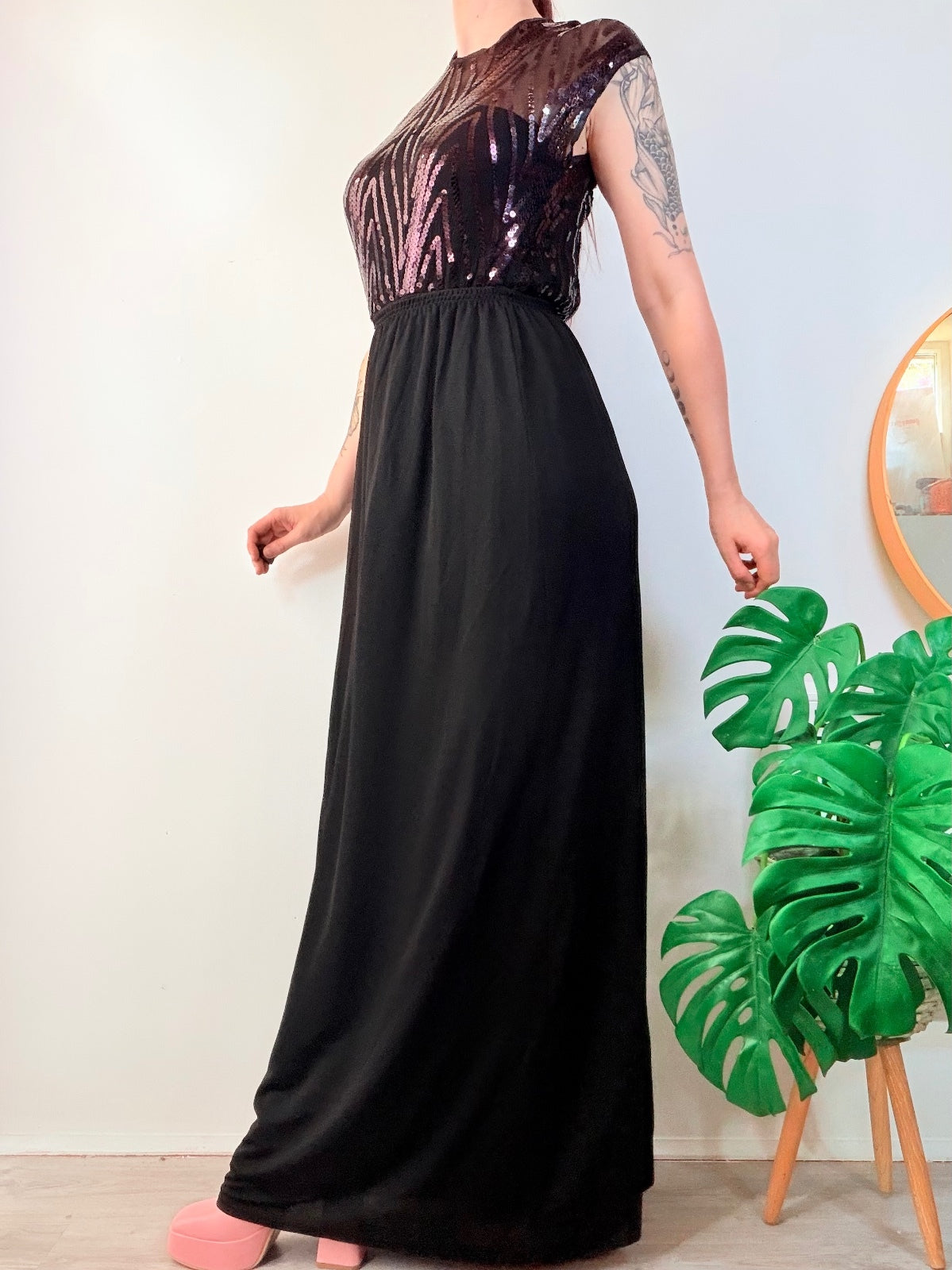 vintage 1970s Maxi Dress with Sequin Top Black disco Party Dress size 10 to 12
