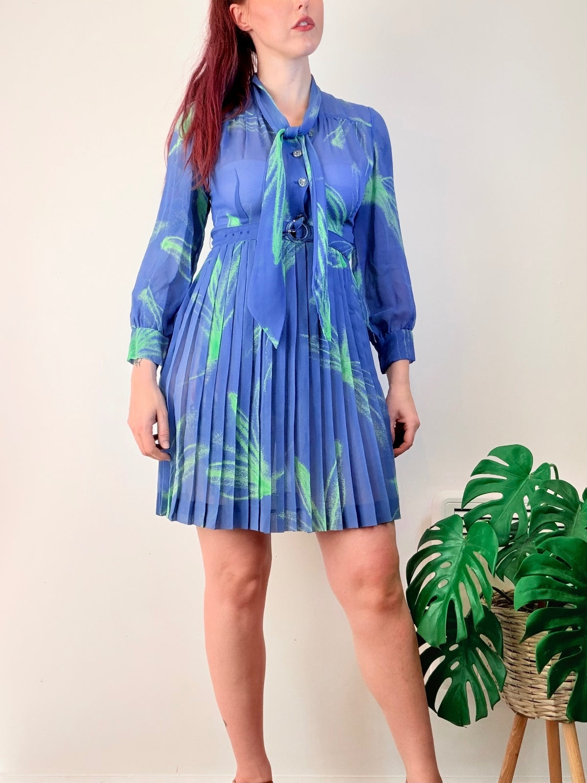 Vintage 1980s Shirt Dress Sheer Blue & Green Pleated Mini with Tie Neck Size 8
