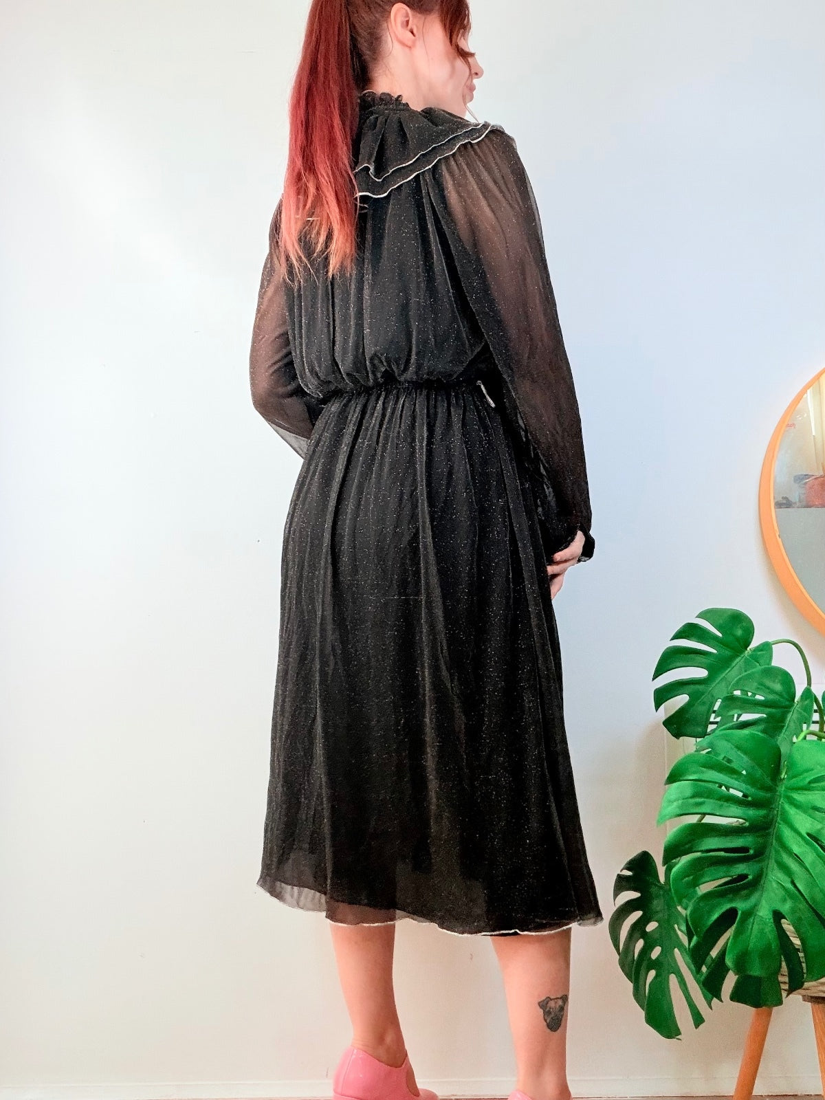 Vintage 1980s Party Dress Black Sheer Ruffle Midi Dress with Sparkle Size 12