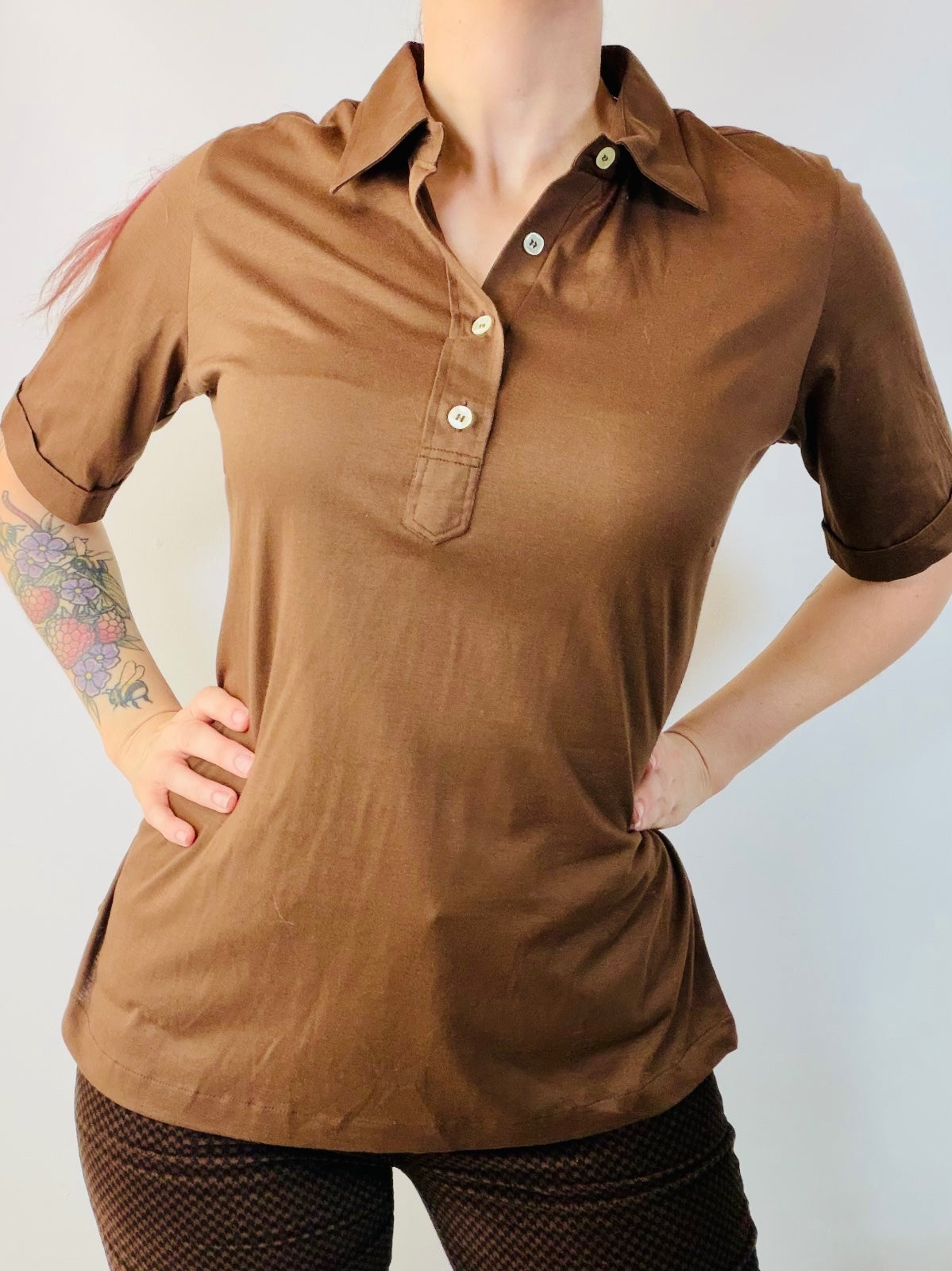 Vintage 1970s Polo Shirt Single Stitch Brown Retro Cotton T-shirt Size 14 to 16