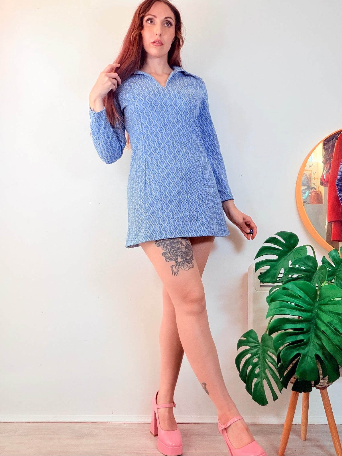 Vintage 1960s Mini Dress with Collar Long Sleeves Retro Mod Gogo Twiggy Size 12