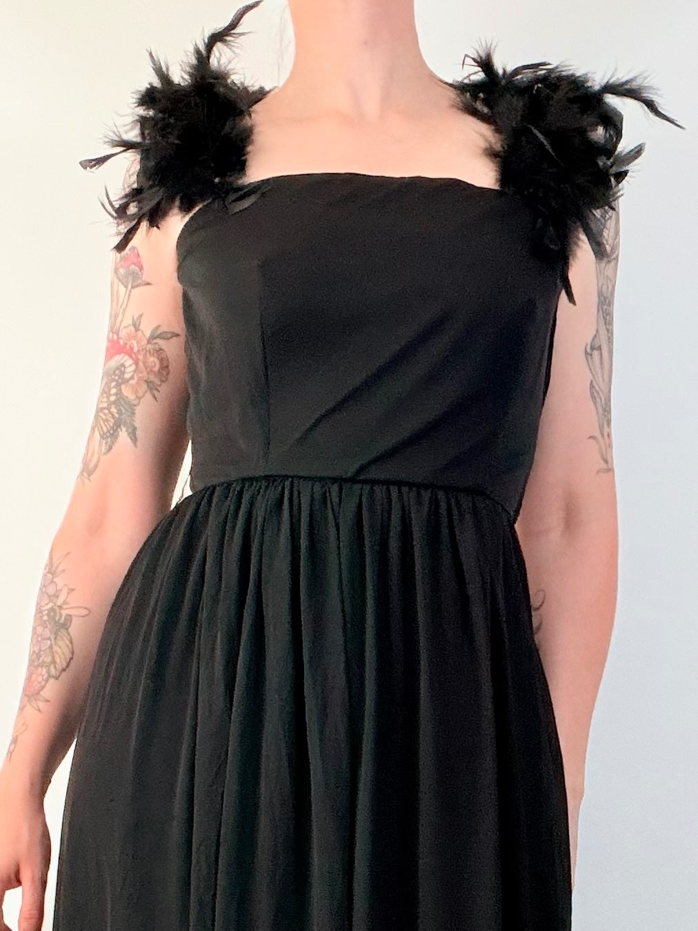 Vintage 1980s Cocktail Dress Black layered prom Maxi with Feather Detail size 10