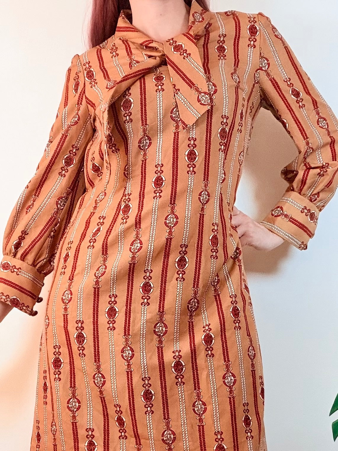 Vintage 1970s Shirt Dress with Bow Tie Neck and Long Sleeves Size 14