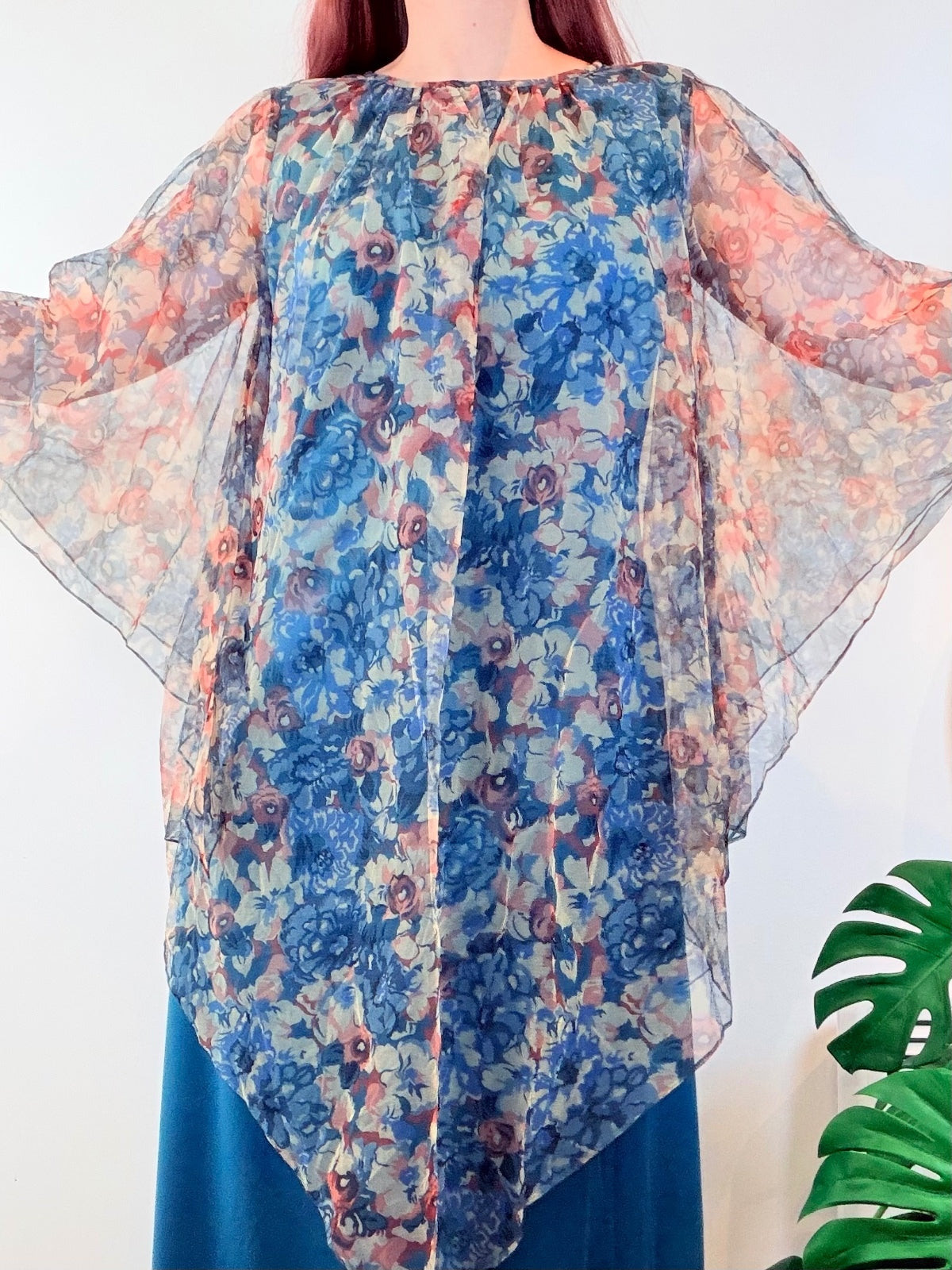 Vintage 1970s Maxi Dress With Flared Sleeves and Floaty Cape Hippie Boho Size 14