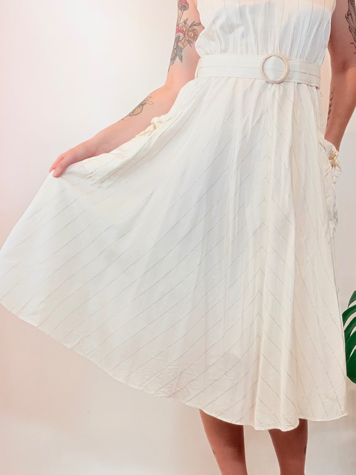 Vintage 1980s Midi Dress Cream with Belted Waist and Pockets Size 12