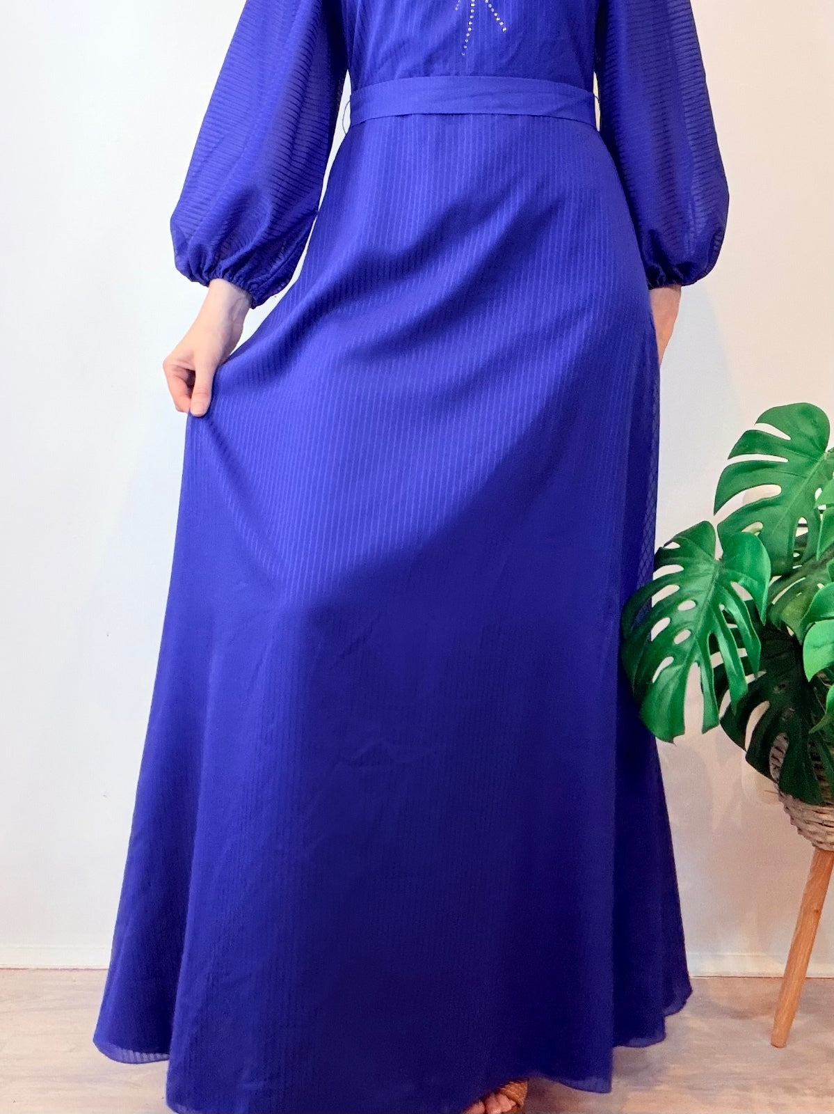 Vintage 1970s Maxi Dress Blue with Balloon Sleeves and Embellishment Size 12