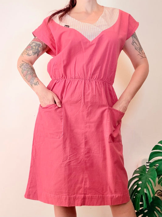 Vintage 1980s Summer Dress Pink Cotton Midi with Pockets Elastic Waist Size 18