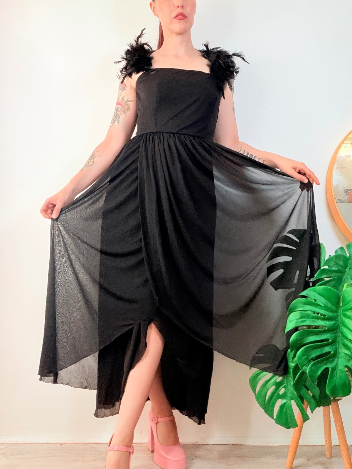Vintage 1980s Cocktail Dress Black layered prom Maxi with Feather Detail size 10