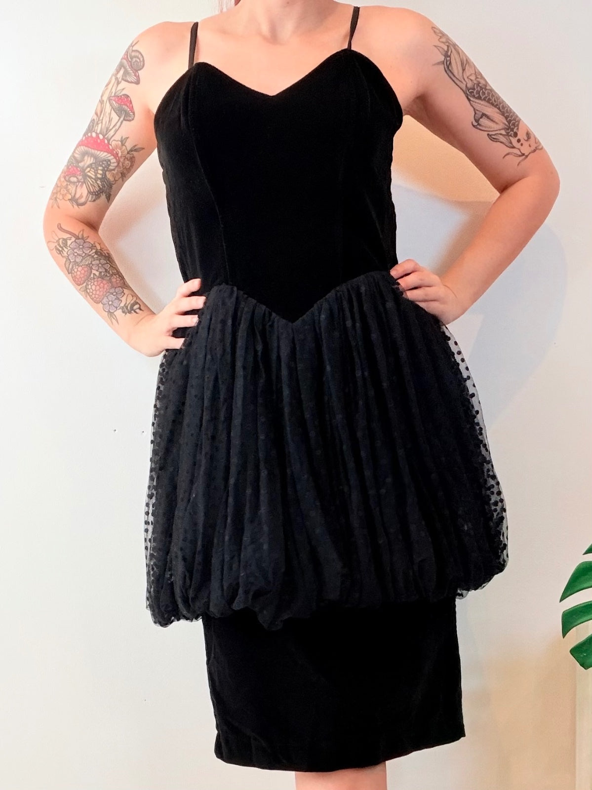 Vintage 1980s Party Dress Black Velvet and Tulle Retro Bubble Dress Size 14