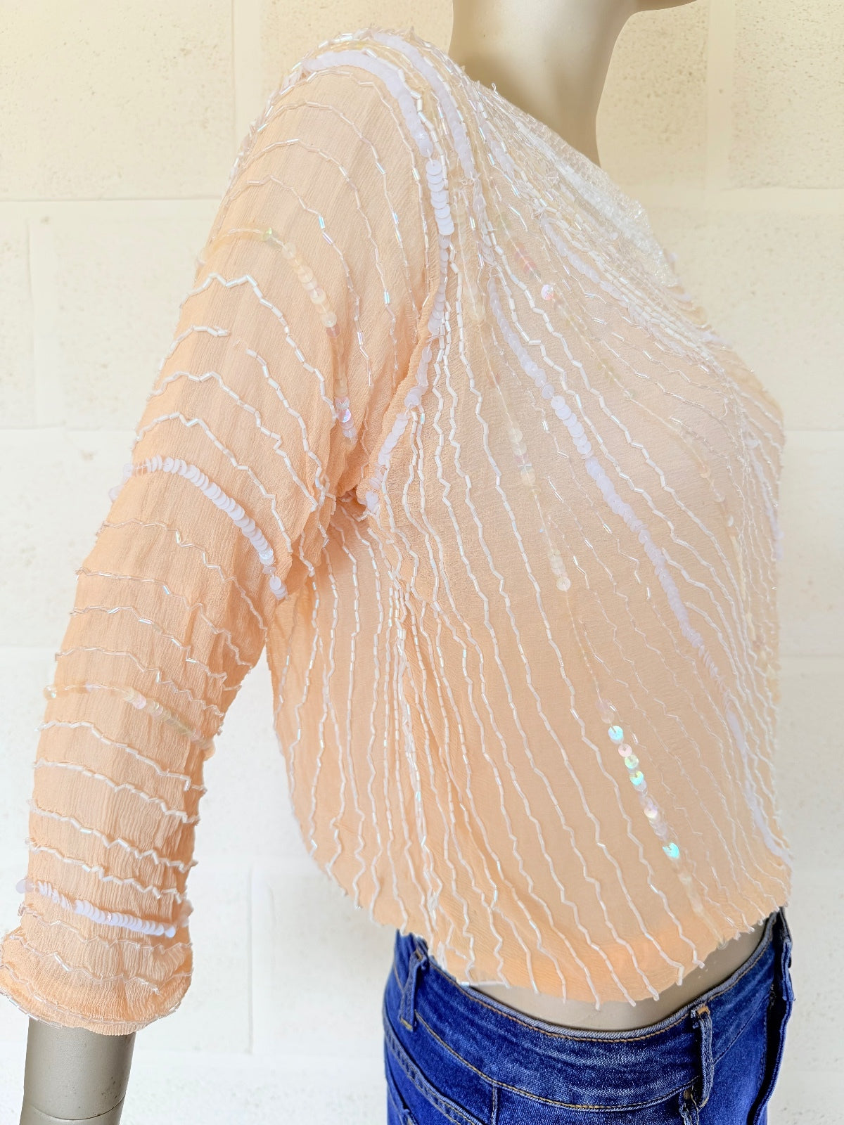 Vintage 1980s Beaded Top 100% Silk Beige Sequin Embellished 3/4 Sleeve Top 10 12