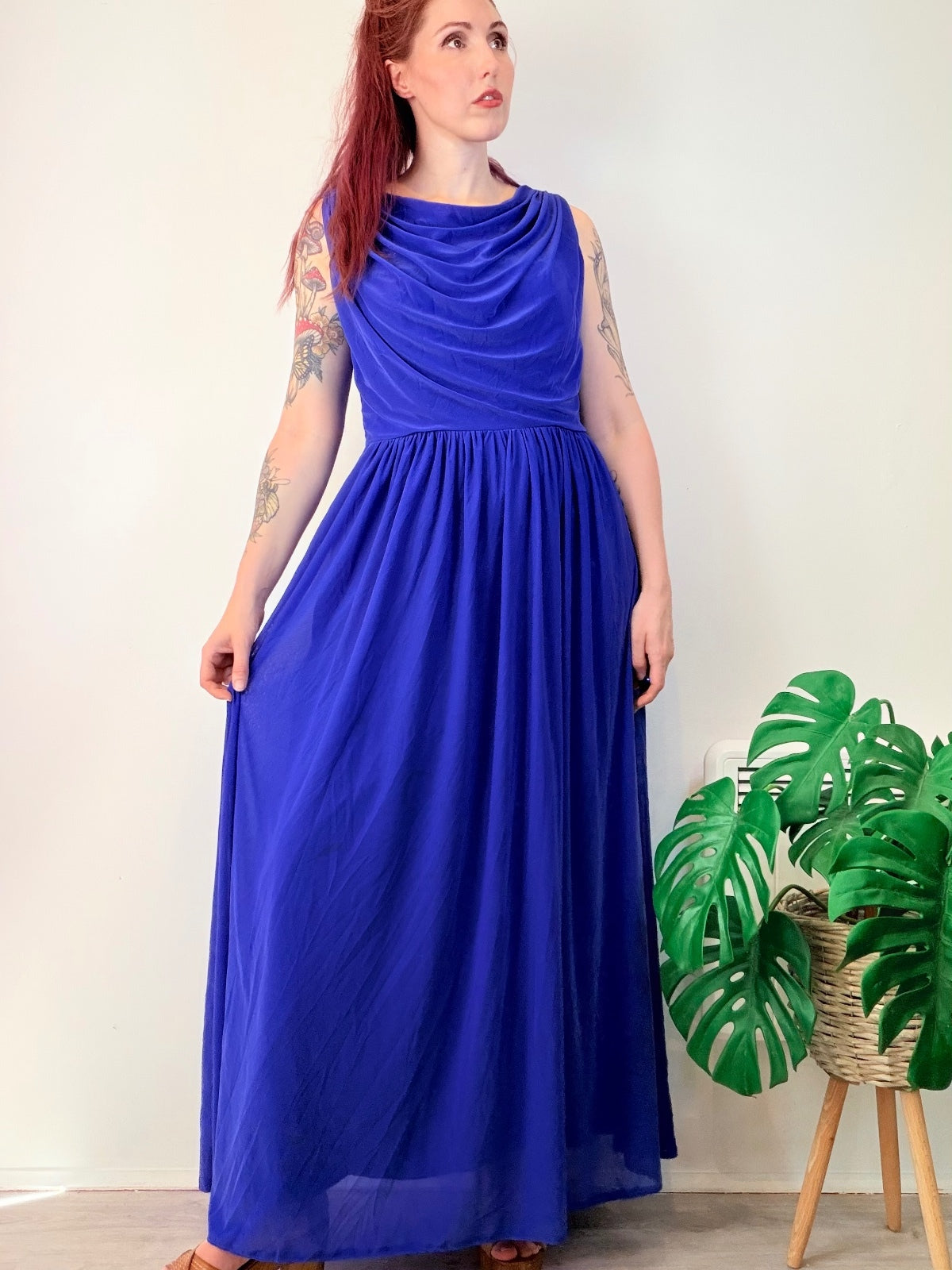Vintage 1980s Cocktail Dress Long Maxi Dress with Draped Neckline Size 14