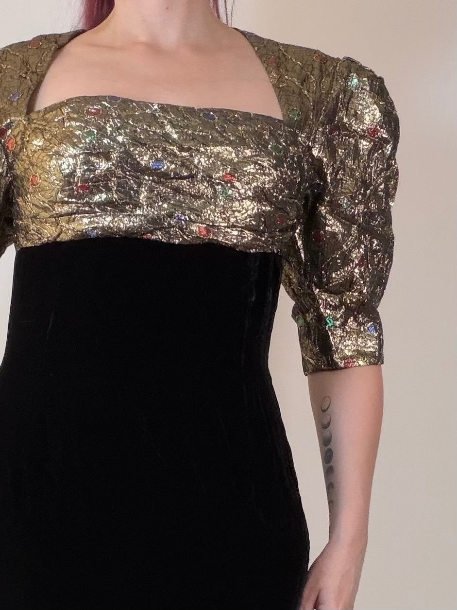 Vintage 1980s Cocktail Dress Black Velvet & Gold Puff Sleeve Dress Size 12