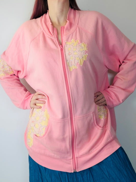 Vintage 1980s Jumper Pink Zip Up Sweatshirt with Floral embroidery Size XL