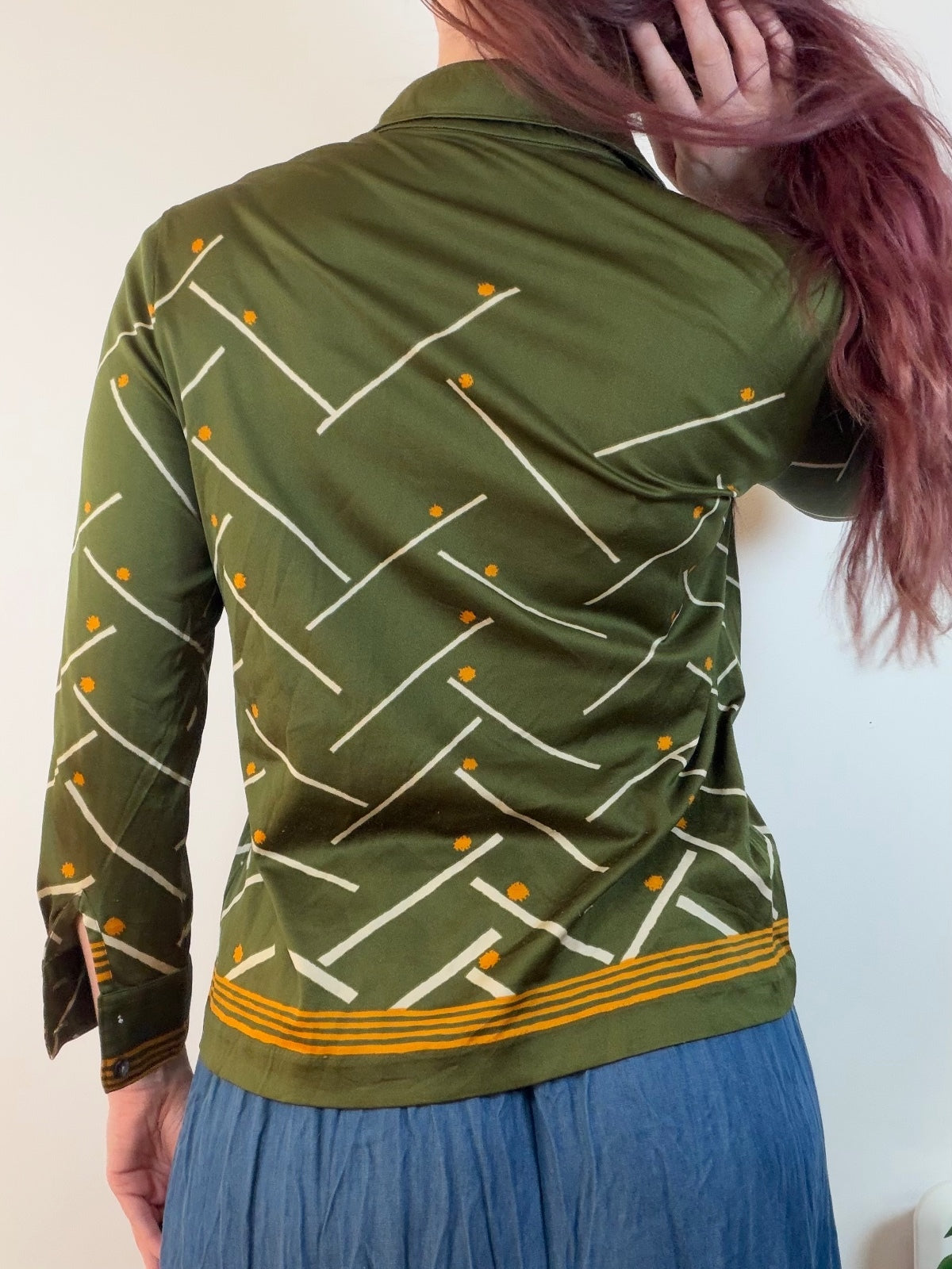 Vintage 1970s Retro Blouse Olive Green Shirt with Geometric Pattern Size 12 14