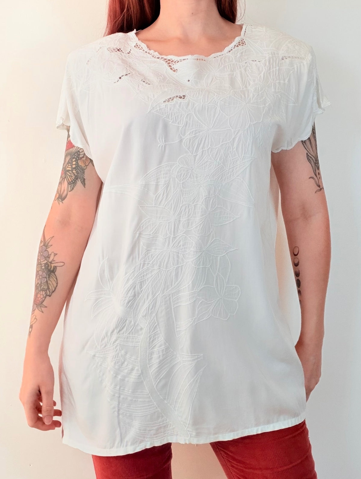Vintage 1990s Embroidered Tunic Top with Lace Detail Size 16 to 18