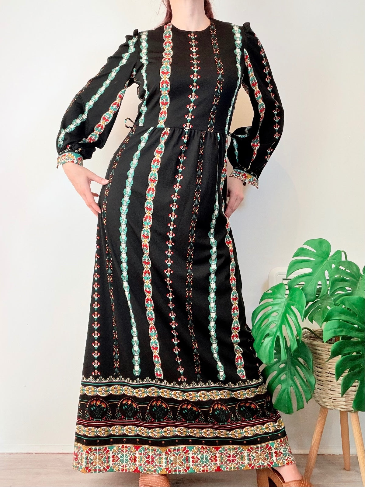 Vintage 1970s Maxi Dress Long Hippie With Stripes and Balloon Sleeves Size 12