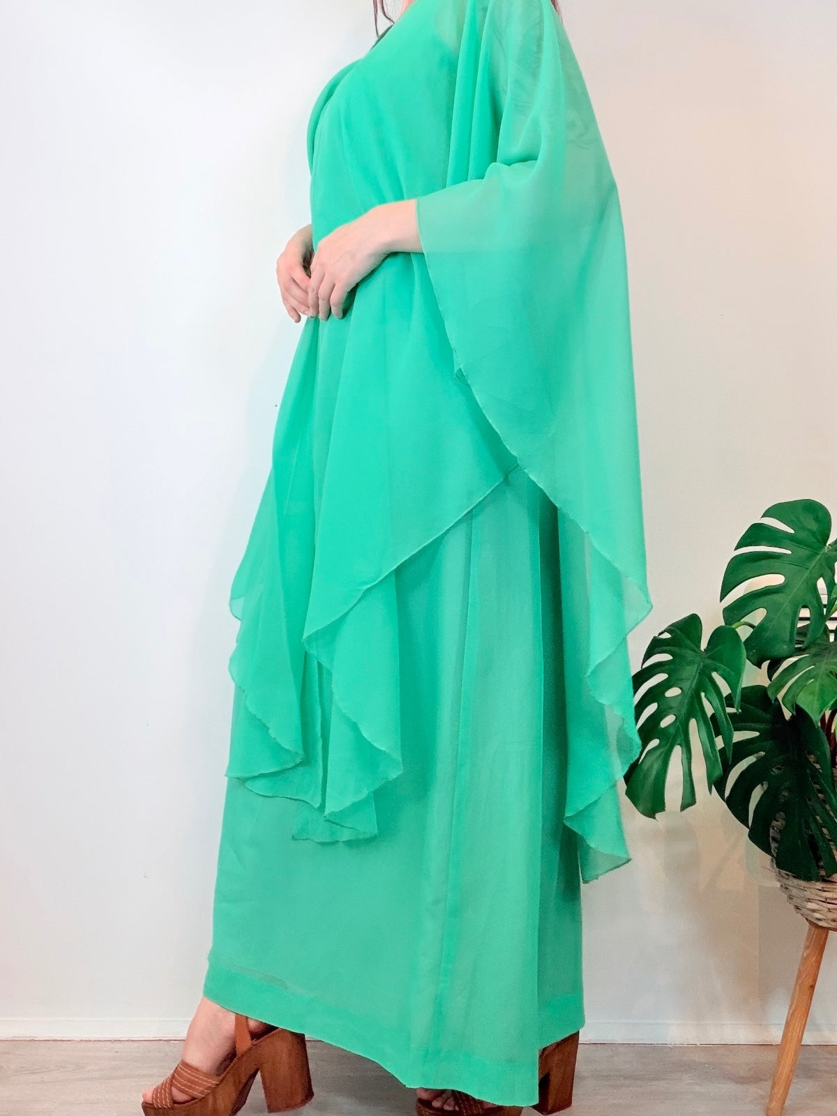 Vintage 1970s Maxi Dress Flowing Green Kaftan Dress with Sheer Overlay Size 14