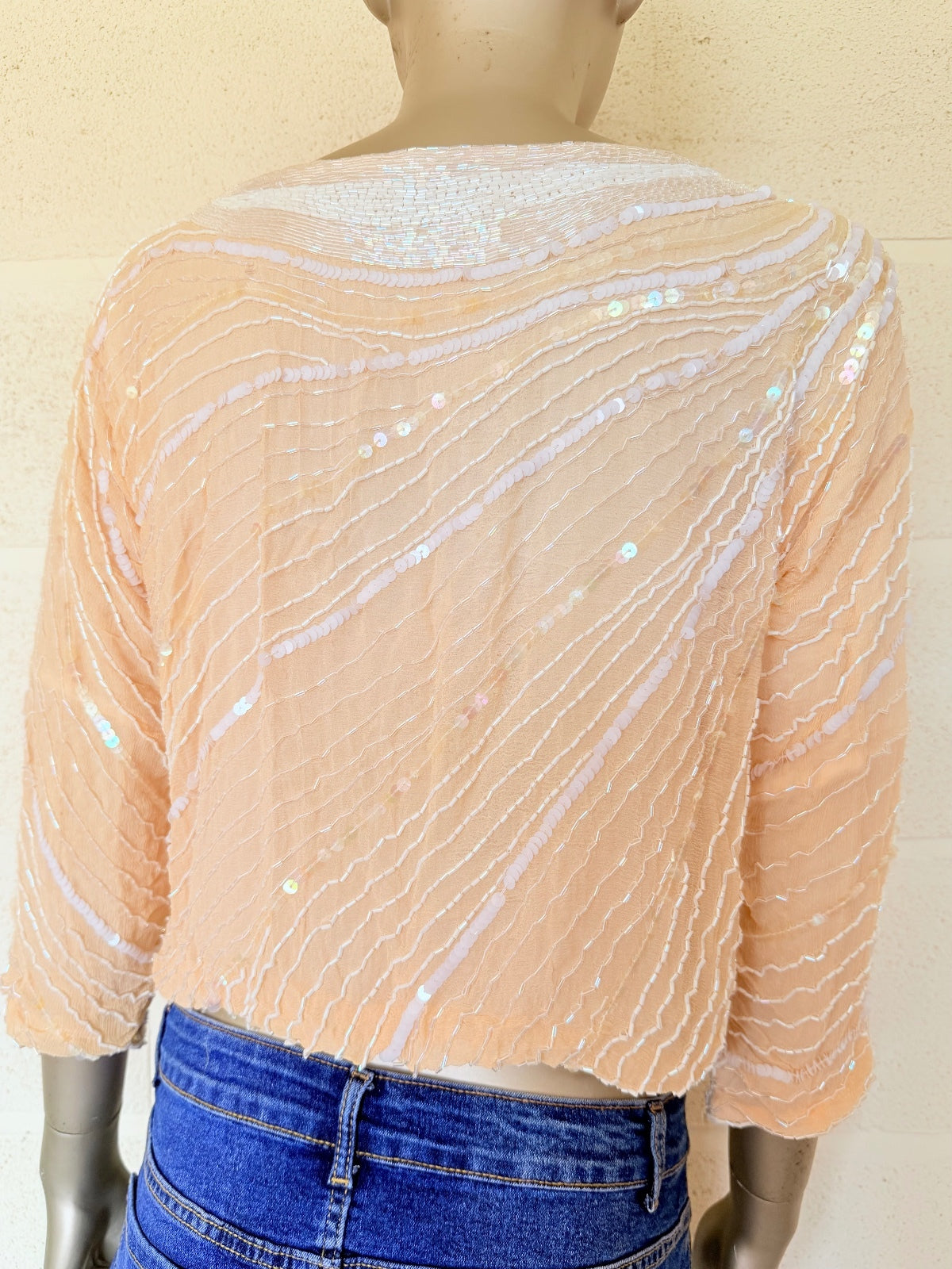 Vintage 1980s Beaded Top 100% Silk Beige Sequin Embellished 3/4 Sleeve Top 10 12