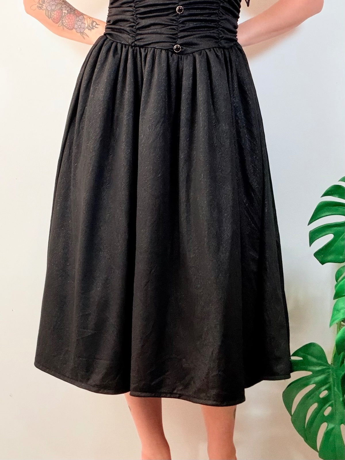 Vintage 1980s Party Dress Black Ruched Midi A Line with Button Front Size 10 12