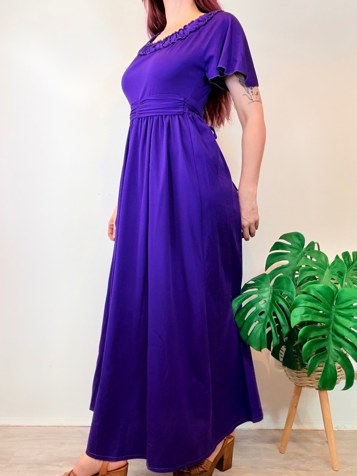 Vintage 1970s Maxi Dress Purple Ruffled Neckline and Flutter Sleeves Size 8