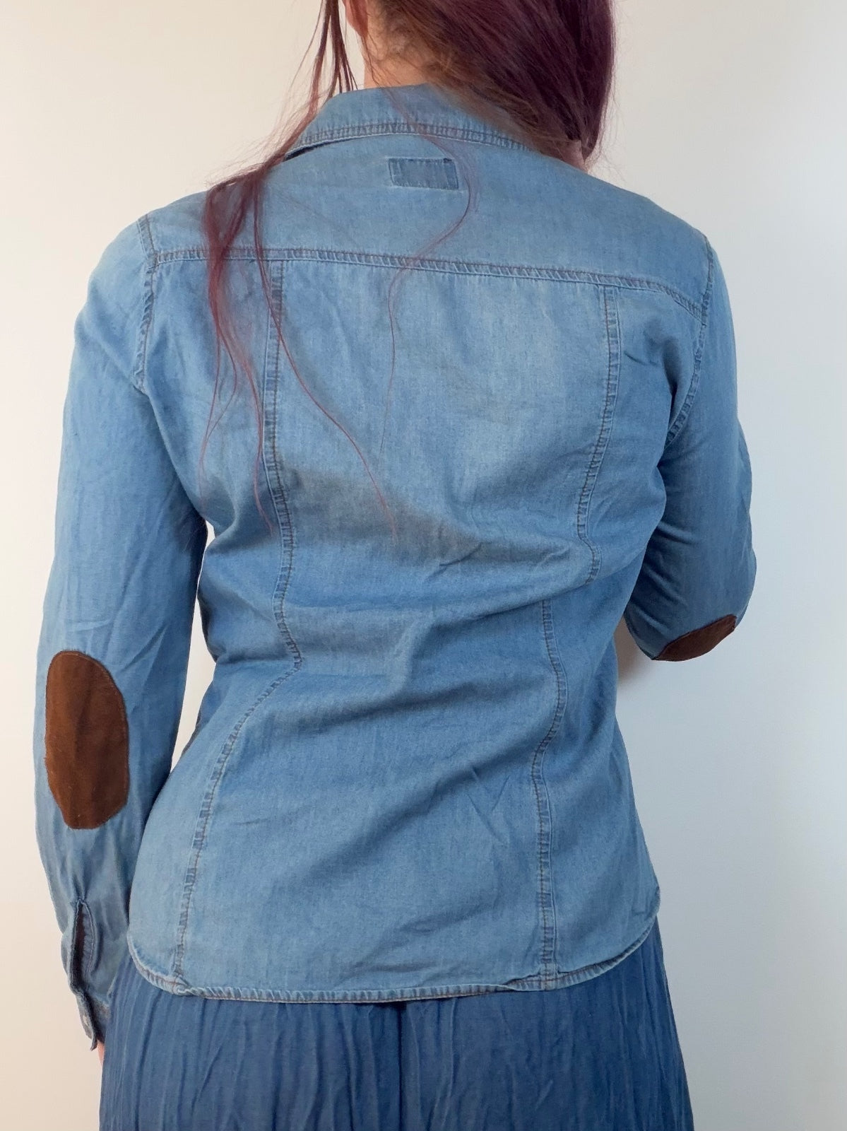 Vintage Fitted Denim Shirt with Brown Elbow Patches Long Sleeve Size 12 to 14