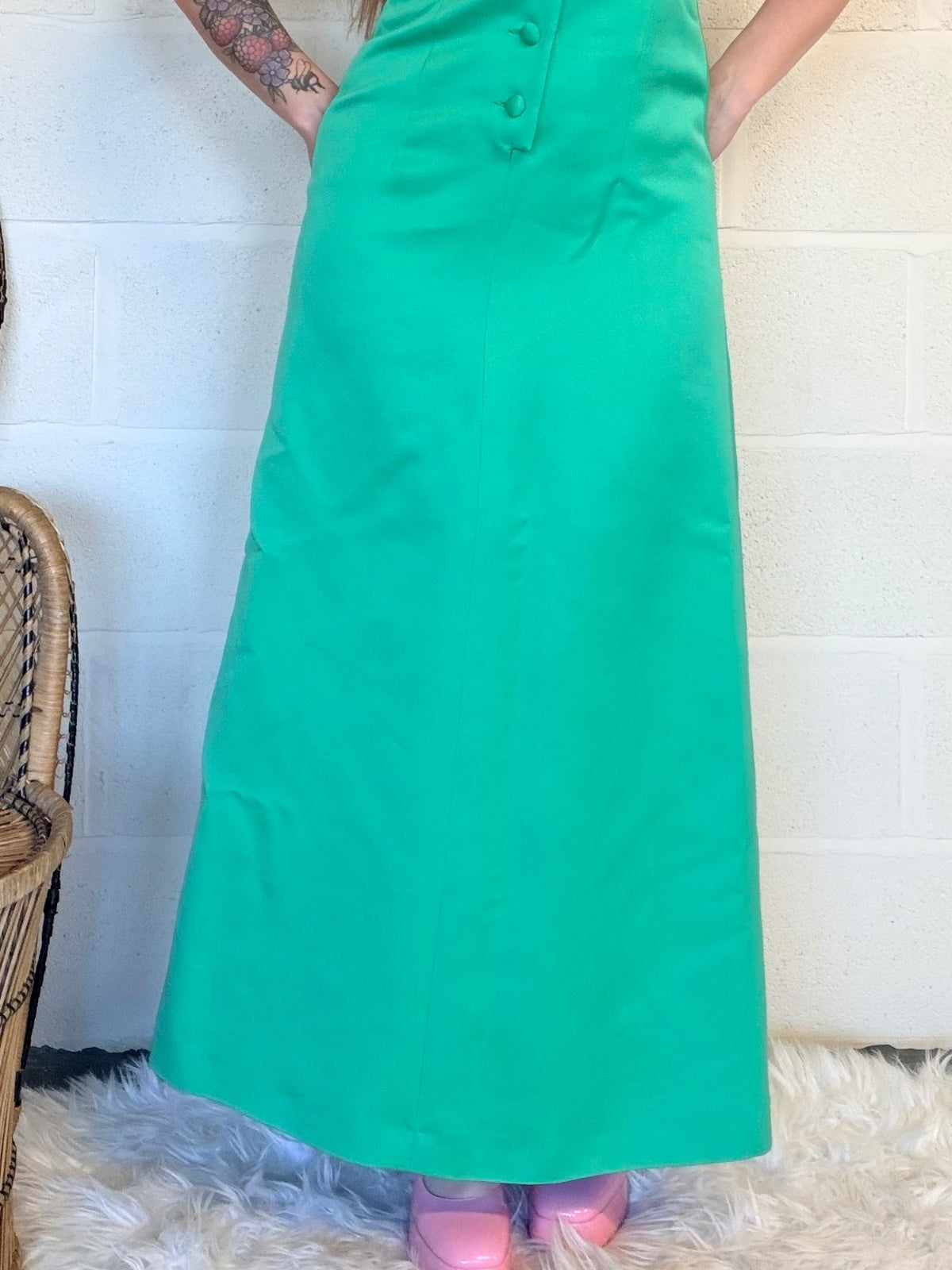 Vintage 1970s Maxi Dress Green Sleeveless with Button Detail Size 12
