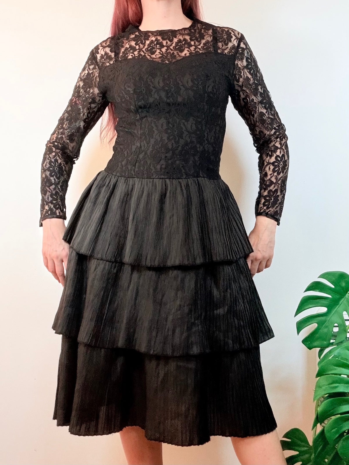 3 Suisses Party Dress Black Lace and Tiered Skirt Midi Dress Size 12