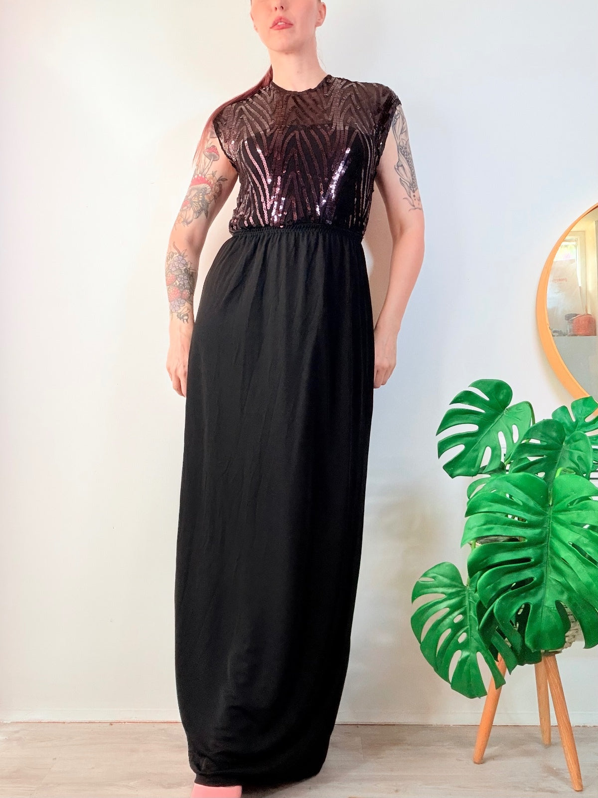 vintage 1970s Maxi Dress with Sequin Top Black disco Party Dress size 10 to 12