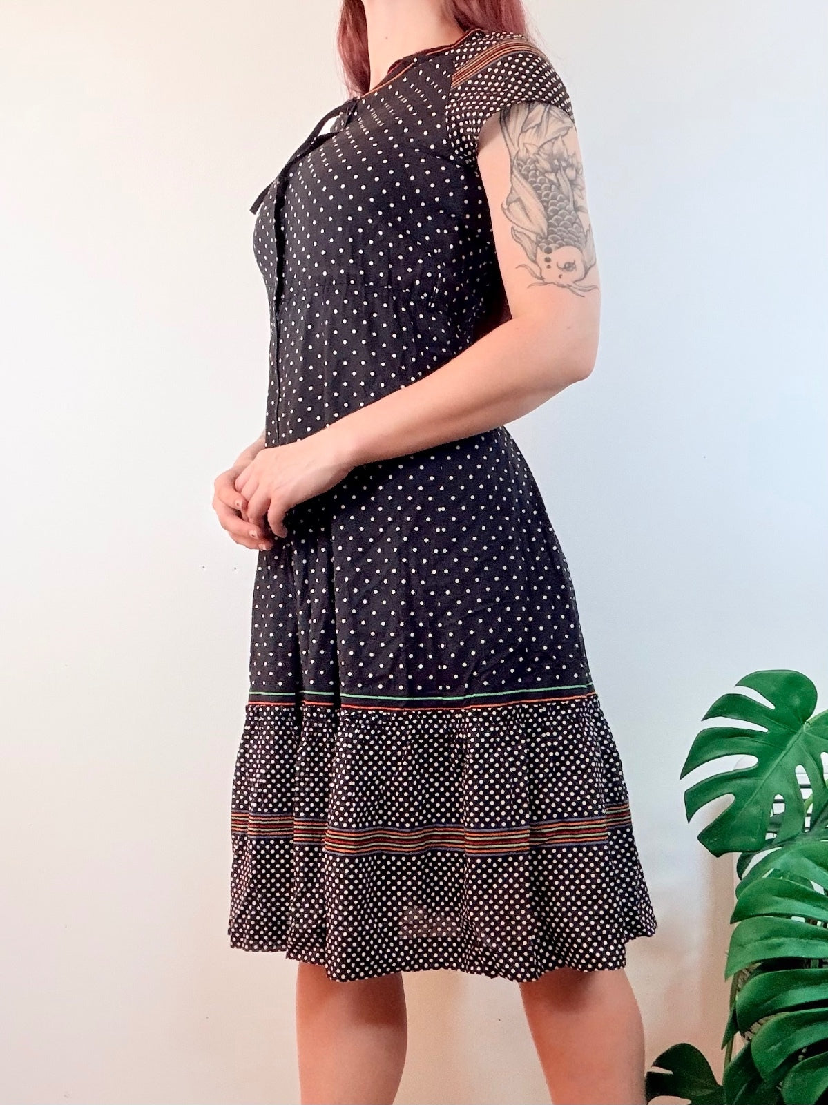 Vintage 1970s shirt Dress Black Polka Dot Midi Dress with Button Detail Size 10