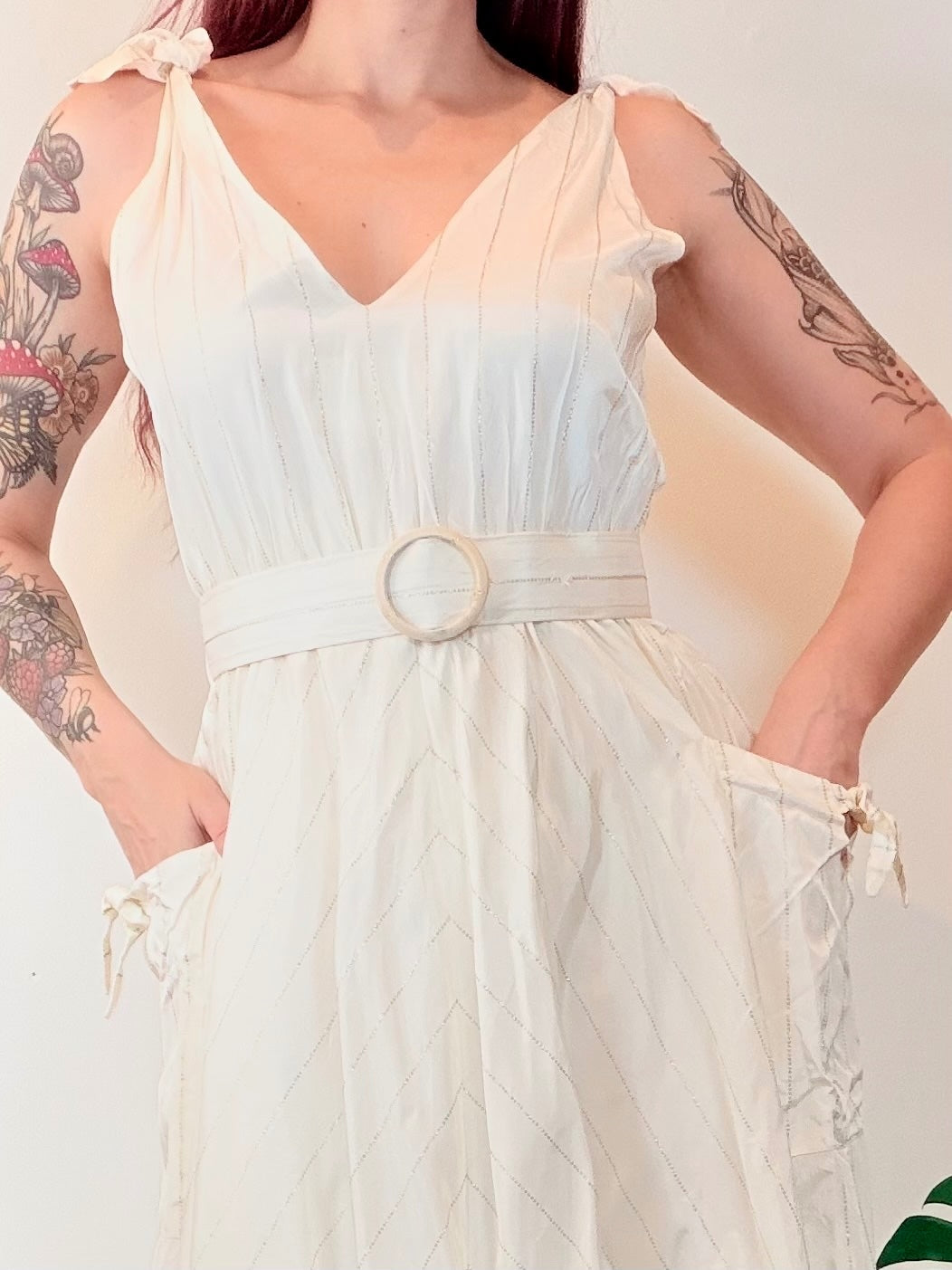 Vintage 1980s Midi Dress Cream with Belted Waist and Pockets Size 12