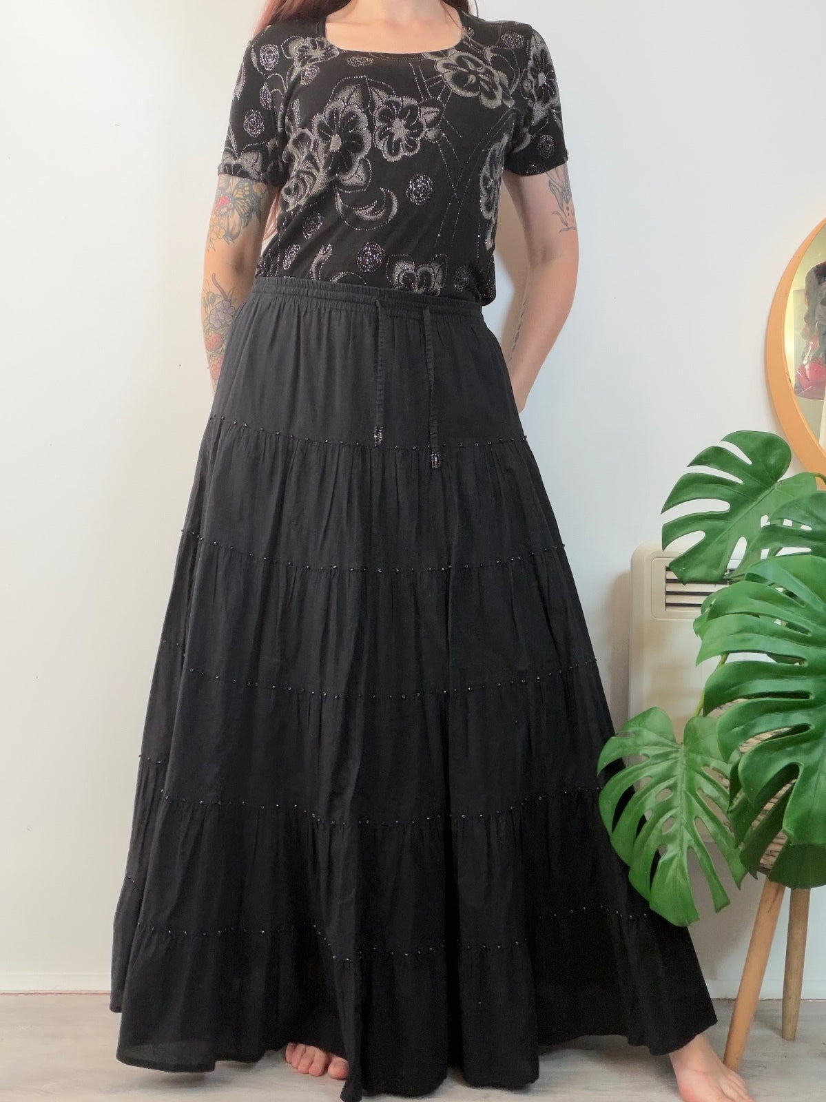 Hippie Boho Maxi Skirt with Beaded Detail Whimsigoth festival long tiered 12