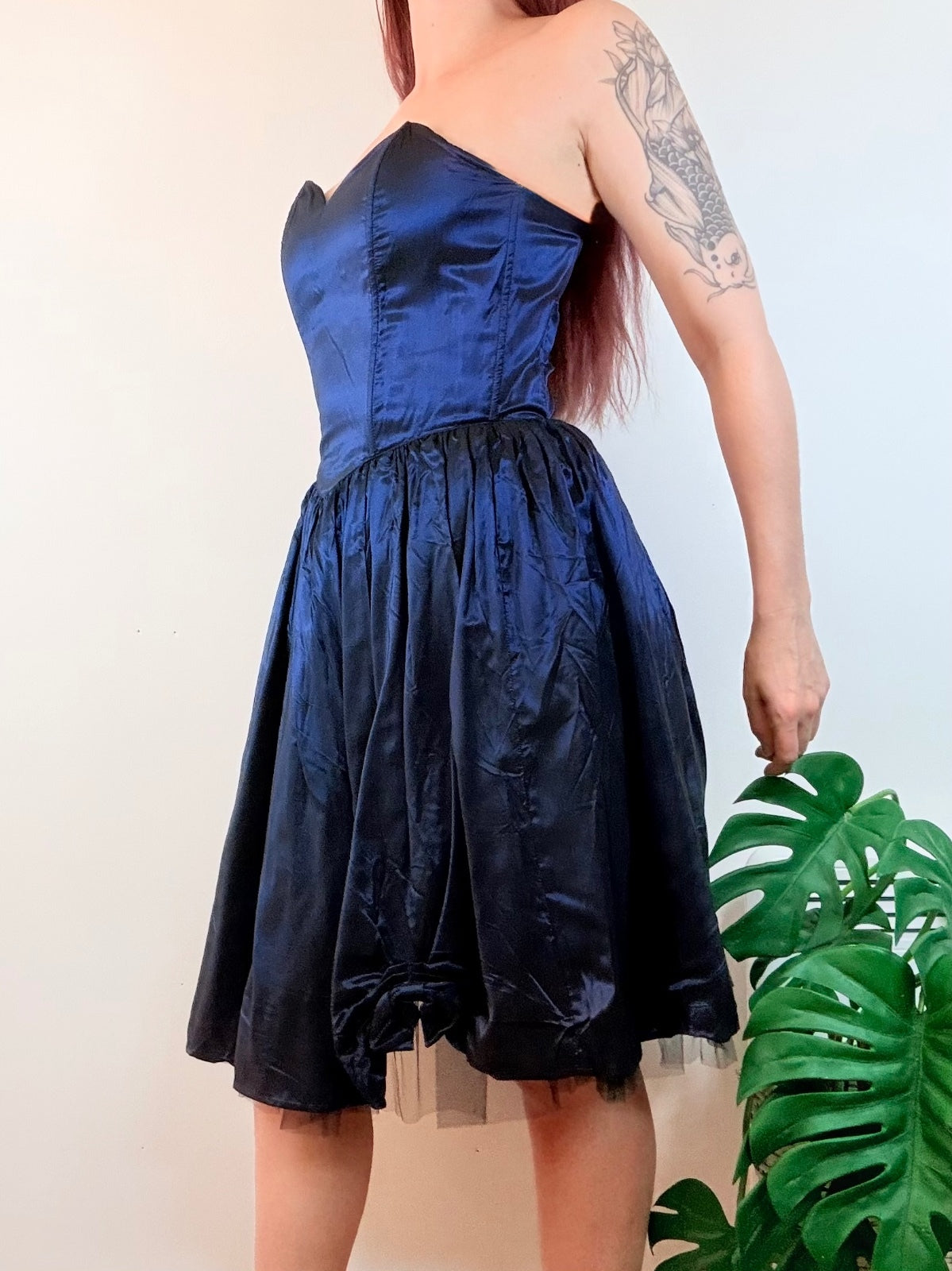 Vintage 1980s Party Dress Navy Blue Satin Like Strapless Prom Dress Size 10