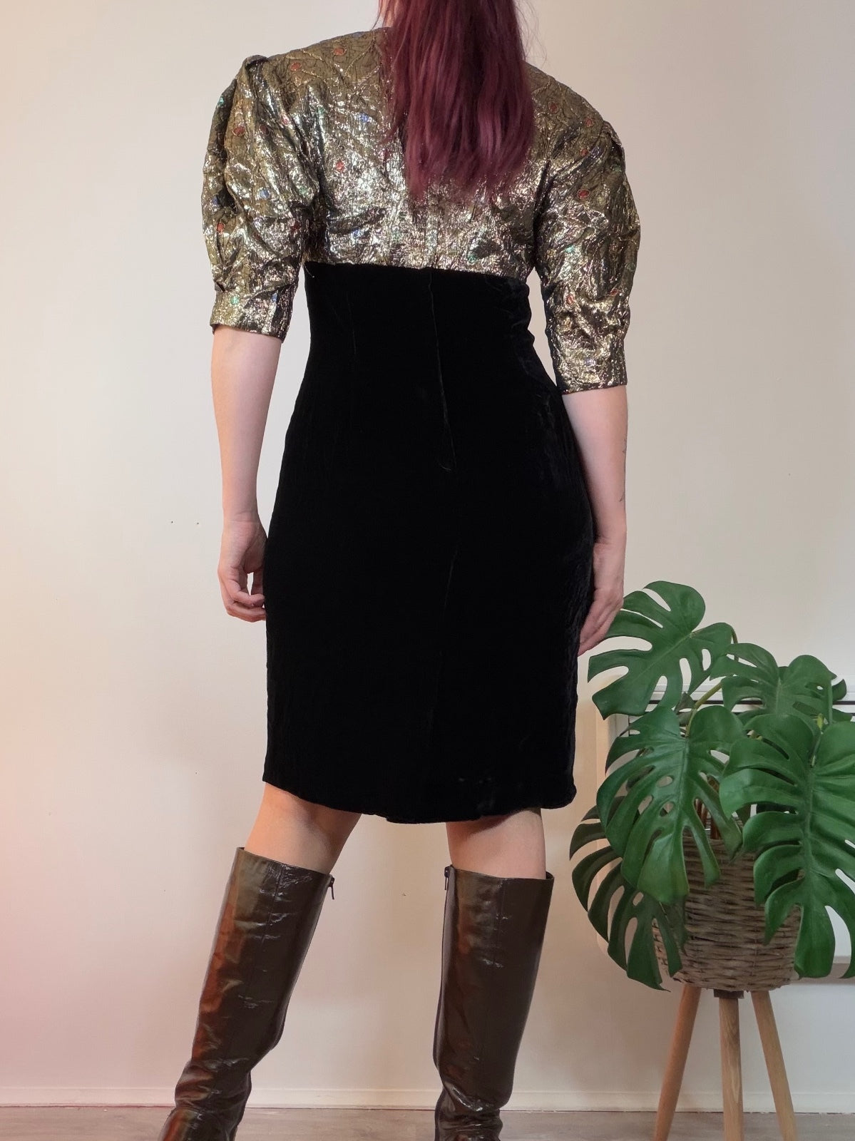 Vintage 1980s Cocktail Dress Black Velvet & Gold Puff Sleeve Dress Size 12