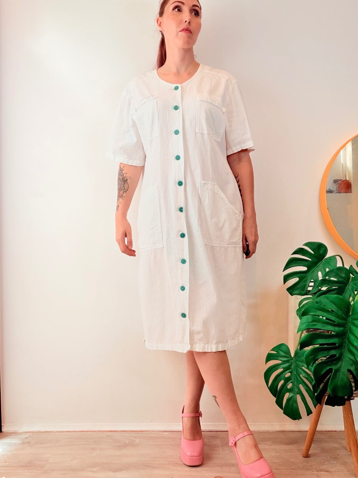 Vintage 1980s shirt Dress White Button Front Midi With Pockets Size 16