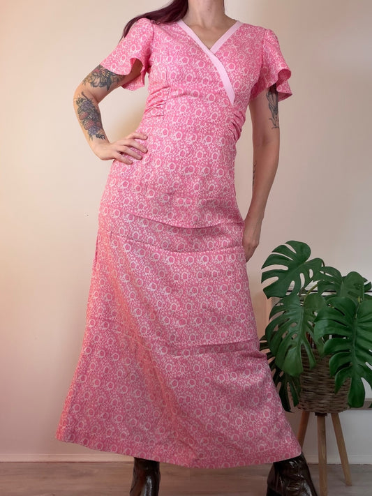 Vintage 1960s Prairie Dress Pink Floral Maxi Dress with Flutter Sleeves Size 10