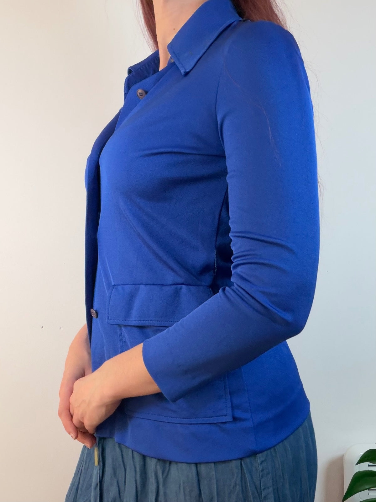 Vintage 1970s Shirt Blue Retro Blouse Blazer with Pockets Size 10