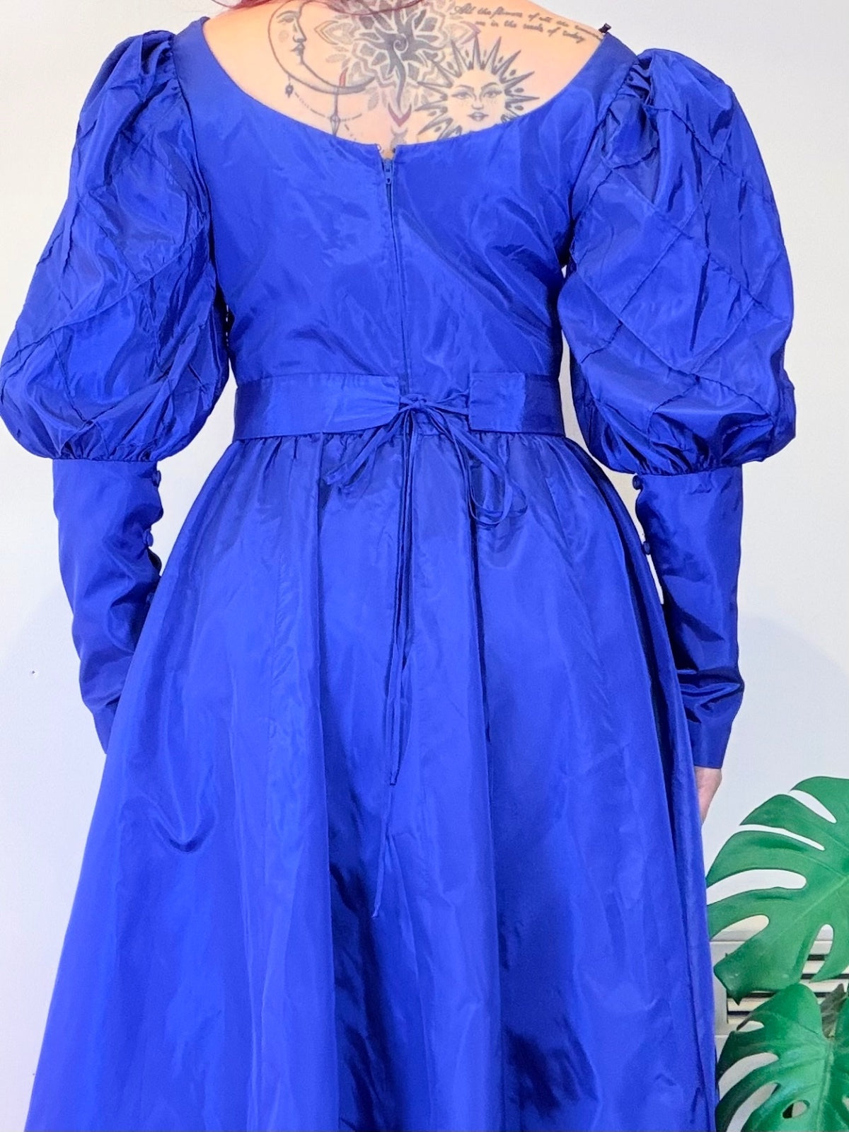 Vintage 1980s Cocktail Dress Blue Puff Sleeve Maxi with Sweetheart Neck Size 12