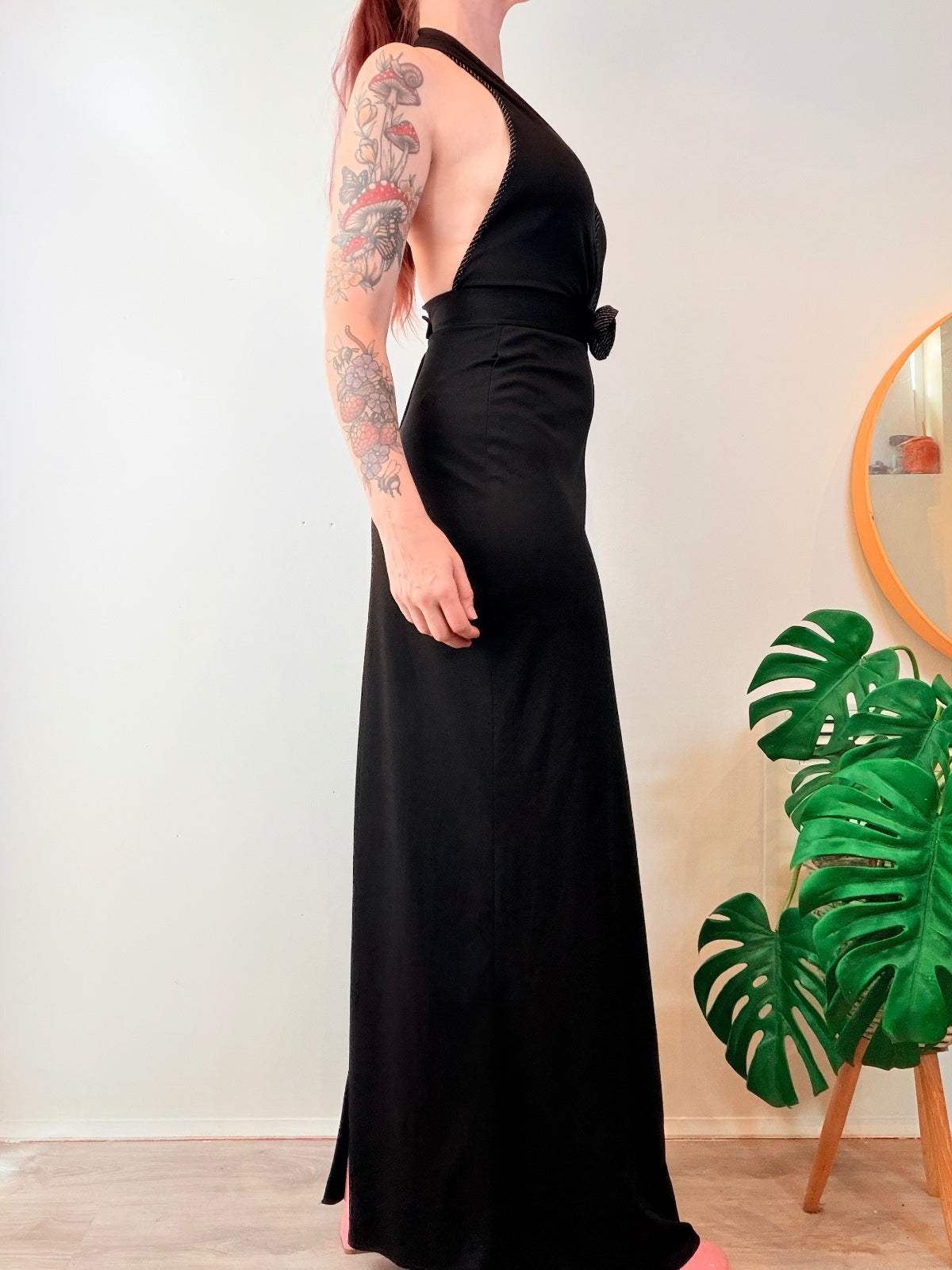 Vintage 1970s Cocktail dress Black Halter Neck Maxi with Rose Detail Size 6