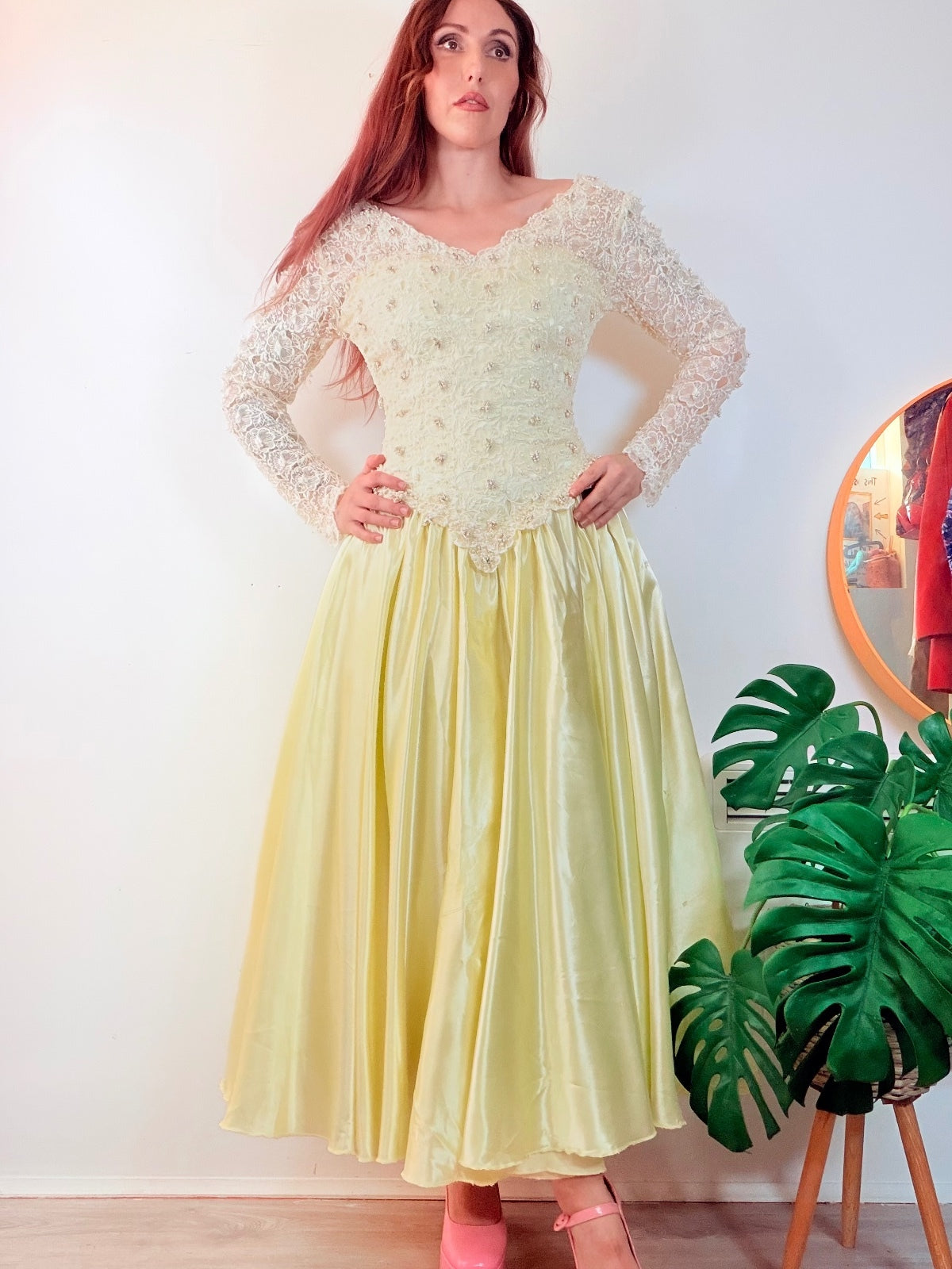 Vintage 1990s Cocktail Dress Lace Beaded Bridal Prom Gown Size 8 Yellow Satin