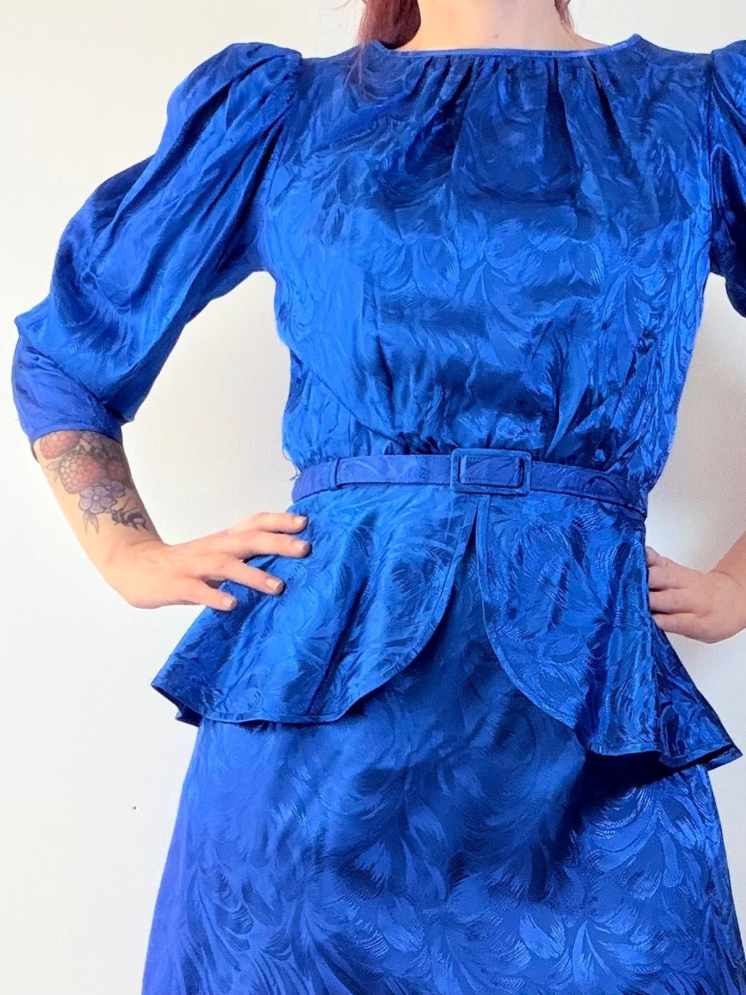 Vintage 1980s Peplum Dress with Retro Puff Sleeves and Belt Blue Size 12
