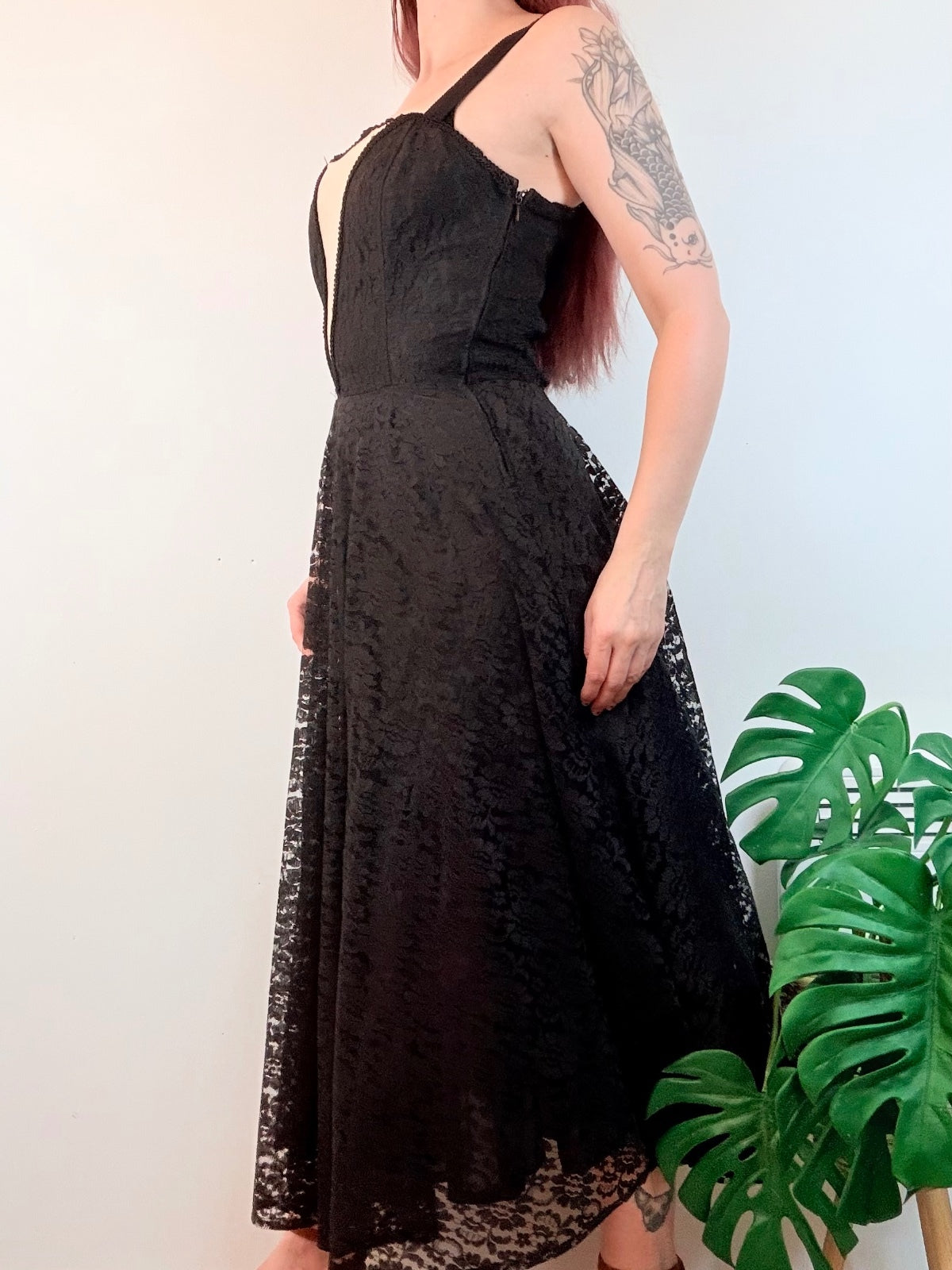 Vintage 1980s Party Dress Black Lace Midi Dress with Nude Illusion Panel Size 10