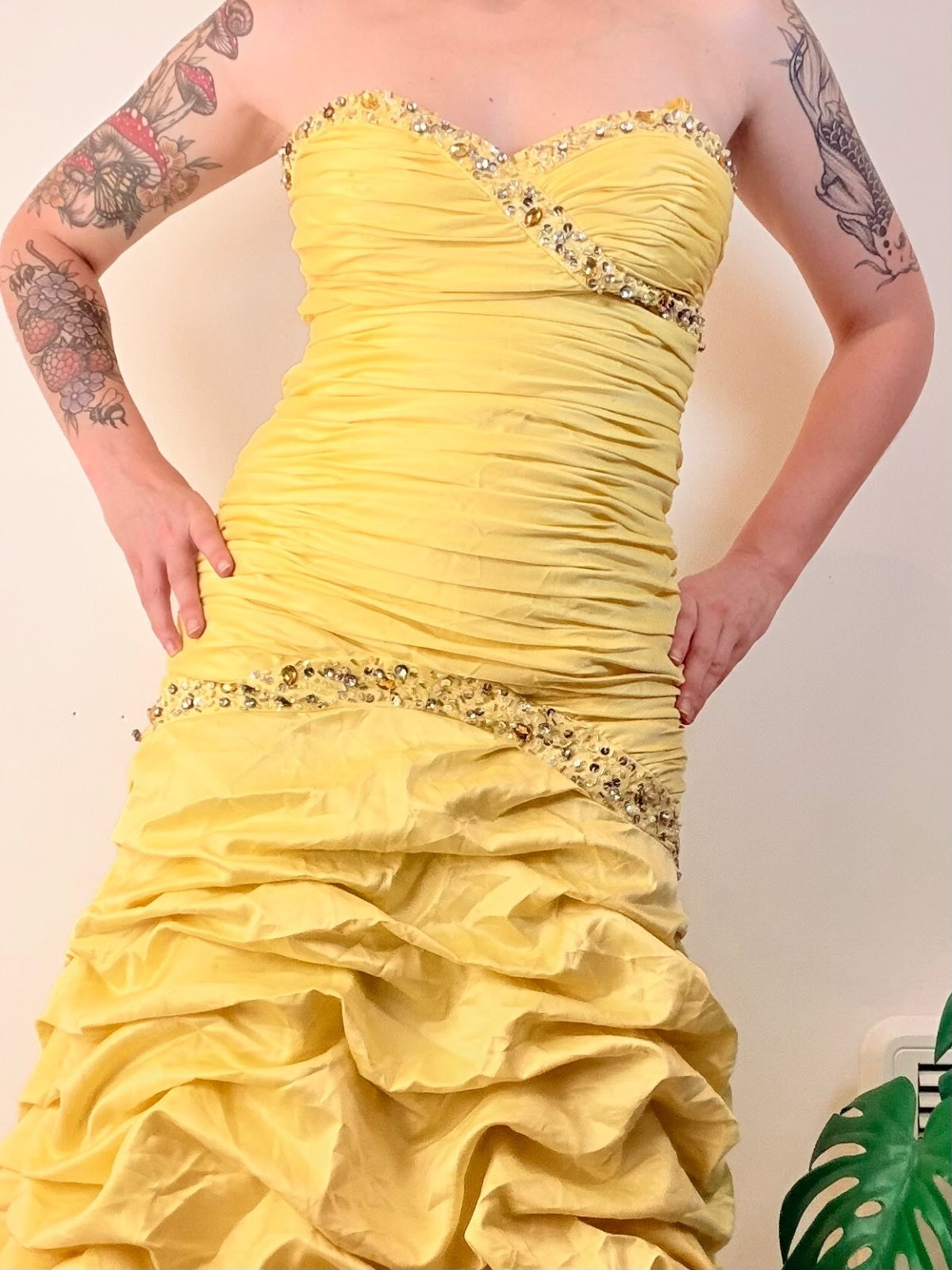 Vintage Evening Gown with Embellishments Yellow Strapless Ruffled Size 10