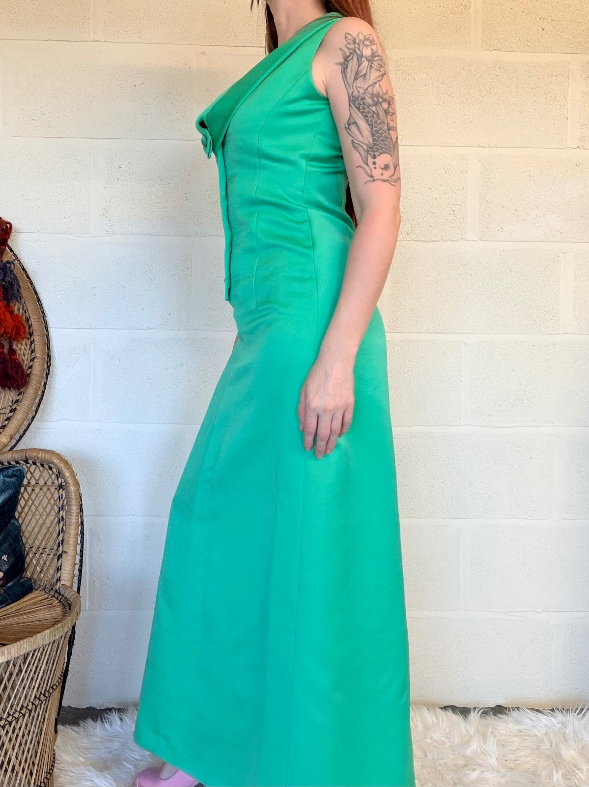 Vintage 1970s Maxi Dress Green Sleeveless with Button Detail Size 12